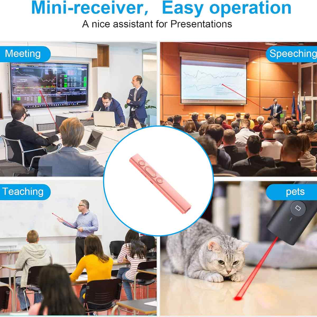 Das Bild zeigt ein Präsentationsgerät mit Szenen von Meetings, Reden, Lehren und einer Katze mit Laserpointer.