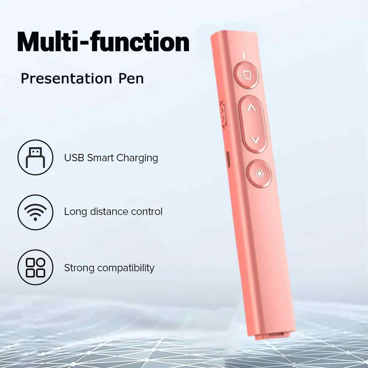 Ein rosafarbener Präsentationsstift mit Knöpfen und Symbolen für USB-Aufladung, Fernsteuerung und starke Kompatibilität auf hellem Hintergrund.