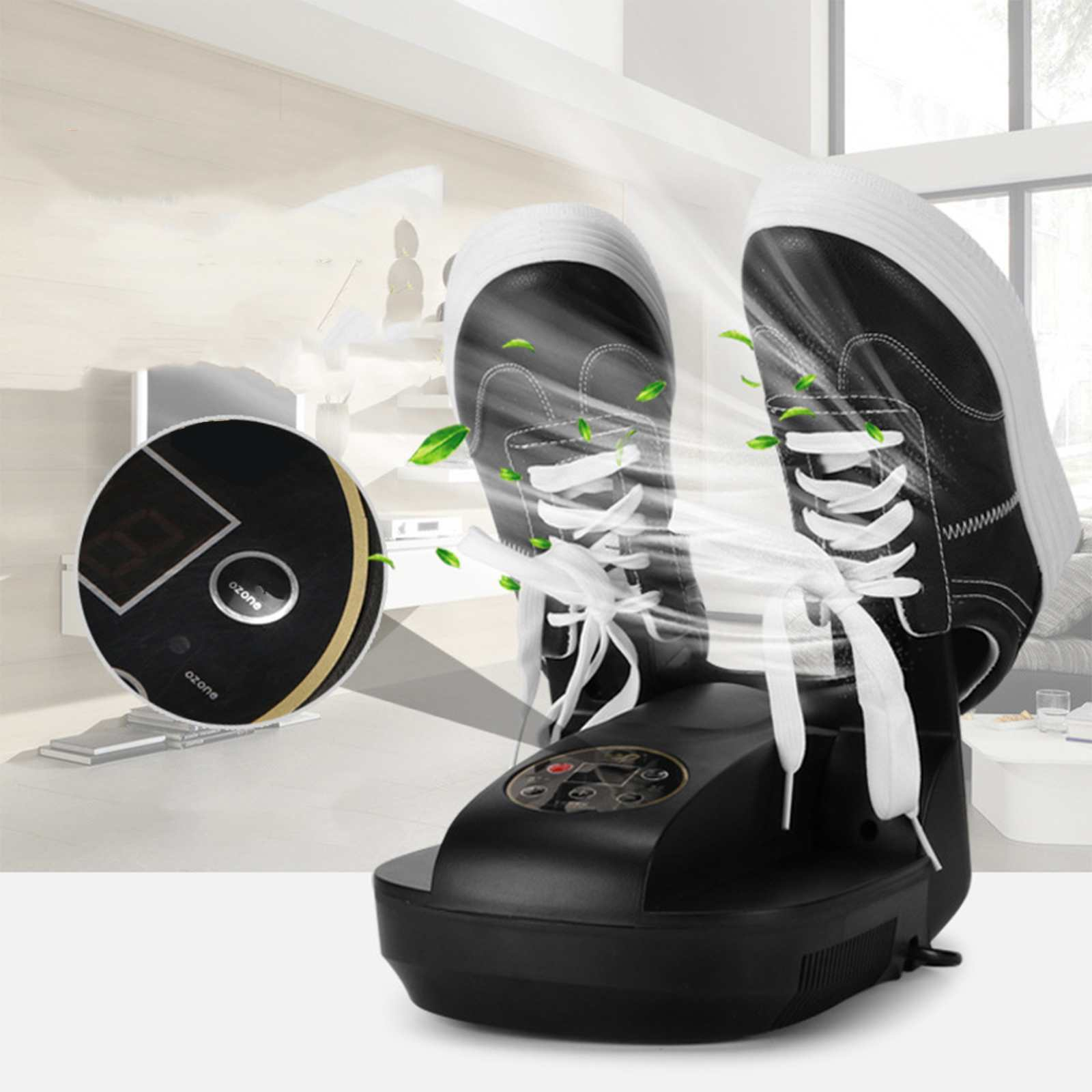 Schwarze Turnschuhe auf einem Schuhtrockner mit weißen Schnürsenkeln. Eine Digitalanzeige und ein Raum im Hintergrund.