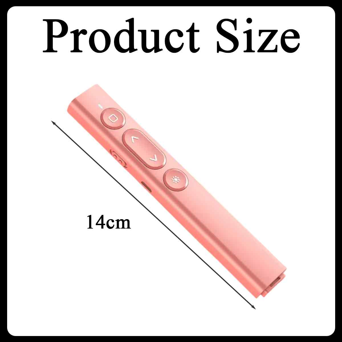 Das Bild zeigt eine rosa Präsentationsfernbedienung mit einer Größe von 14 cm. Der Text 'Produktgröße' steht oben im Bild.