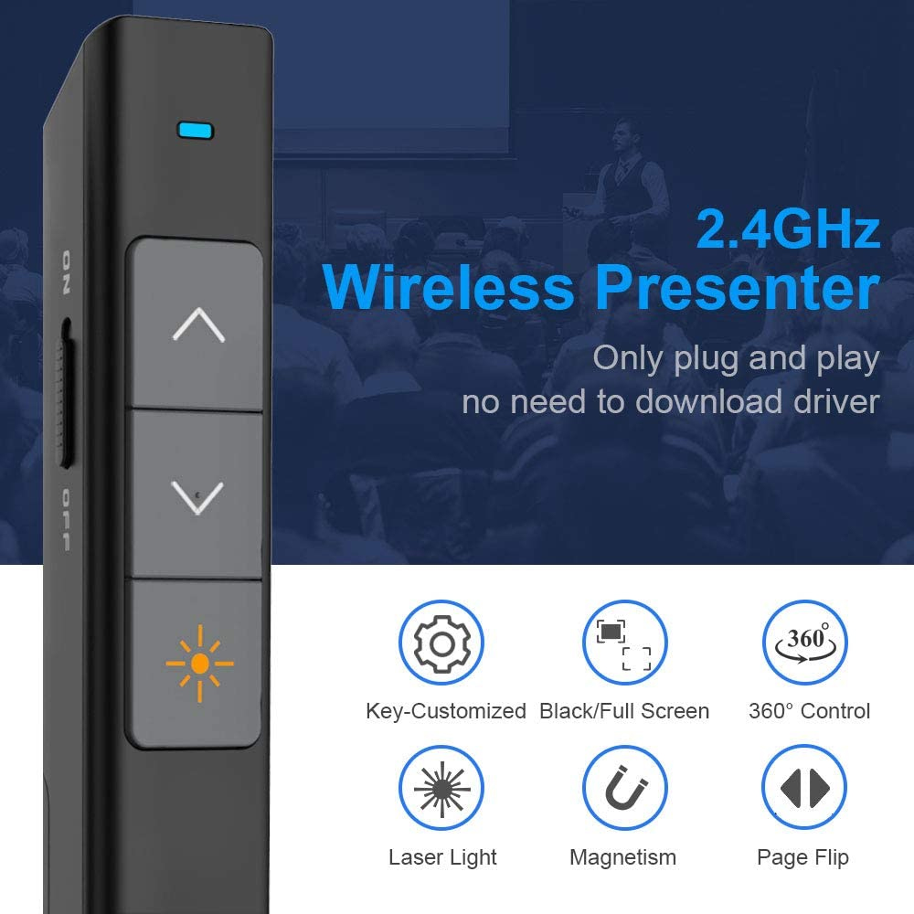 Ein schwarzer drahtloser Präsentator mit Tasten befindet sich links. Der Text rechts lautet 'Wireless Presenter' und Funktionen wie Laserlicht.