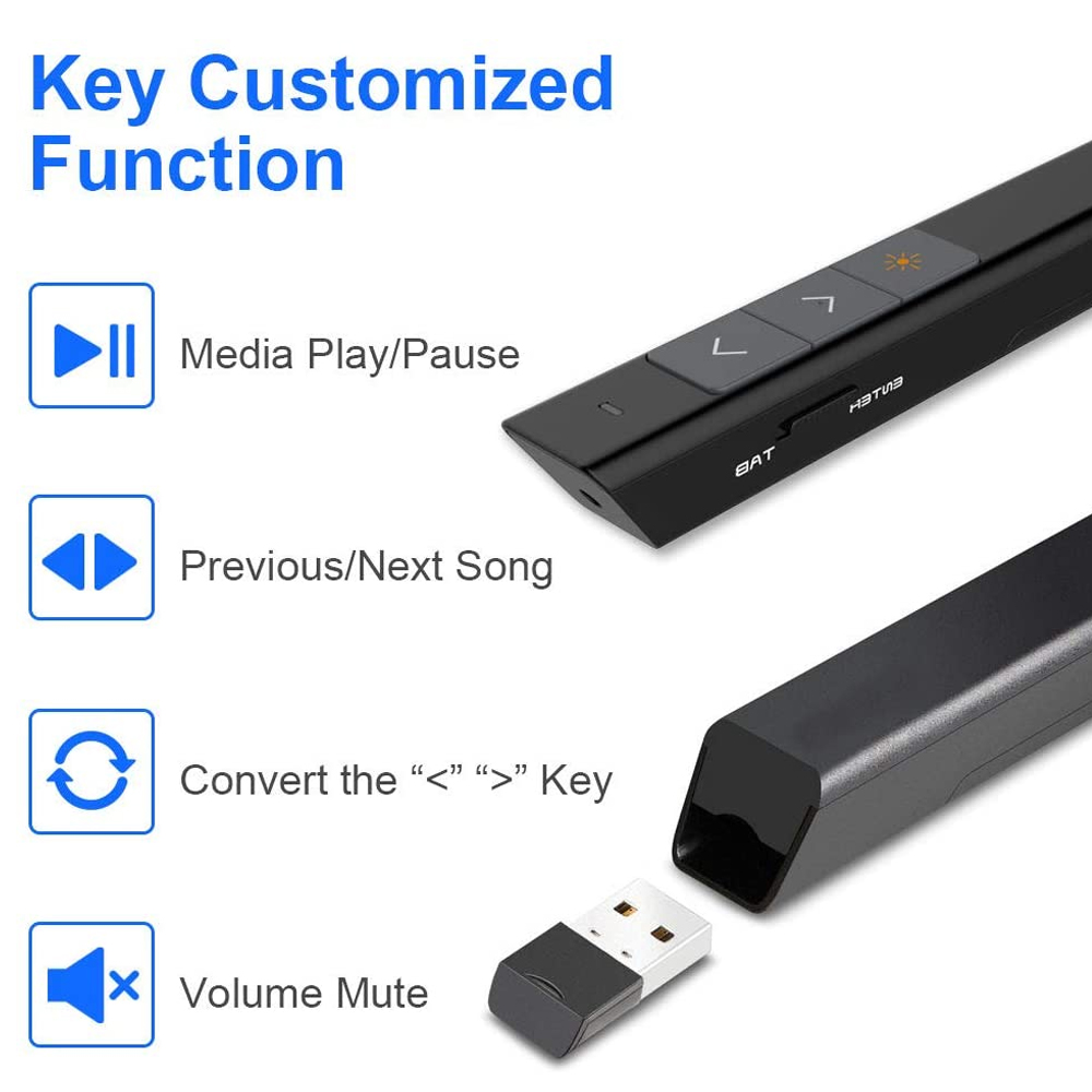 Eine schwarze Präsentationsfernbedienung mit Tasten und einem USB-Empfänger. Text zeigt Funktionen: Abspielen/Pausieren, nächster Song, Stummschalten.