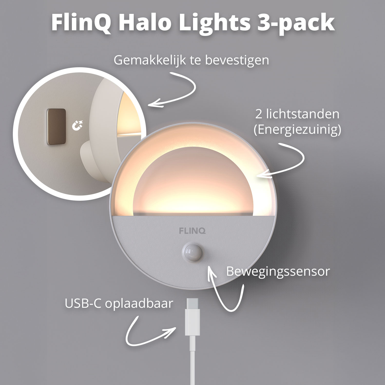 Een witte FlinQ Halo-lamp met bewegingssensor, USB-C-opladen en eenvoudige montage. Het heeft twee lichtstanden.