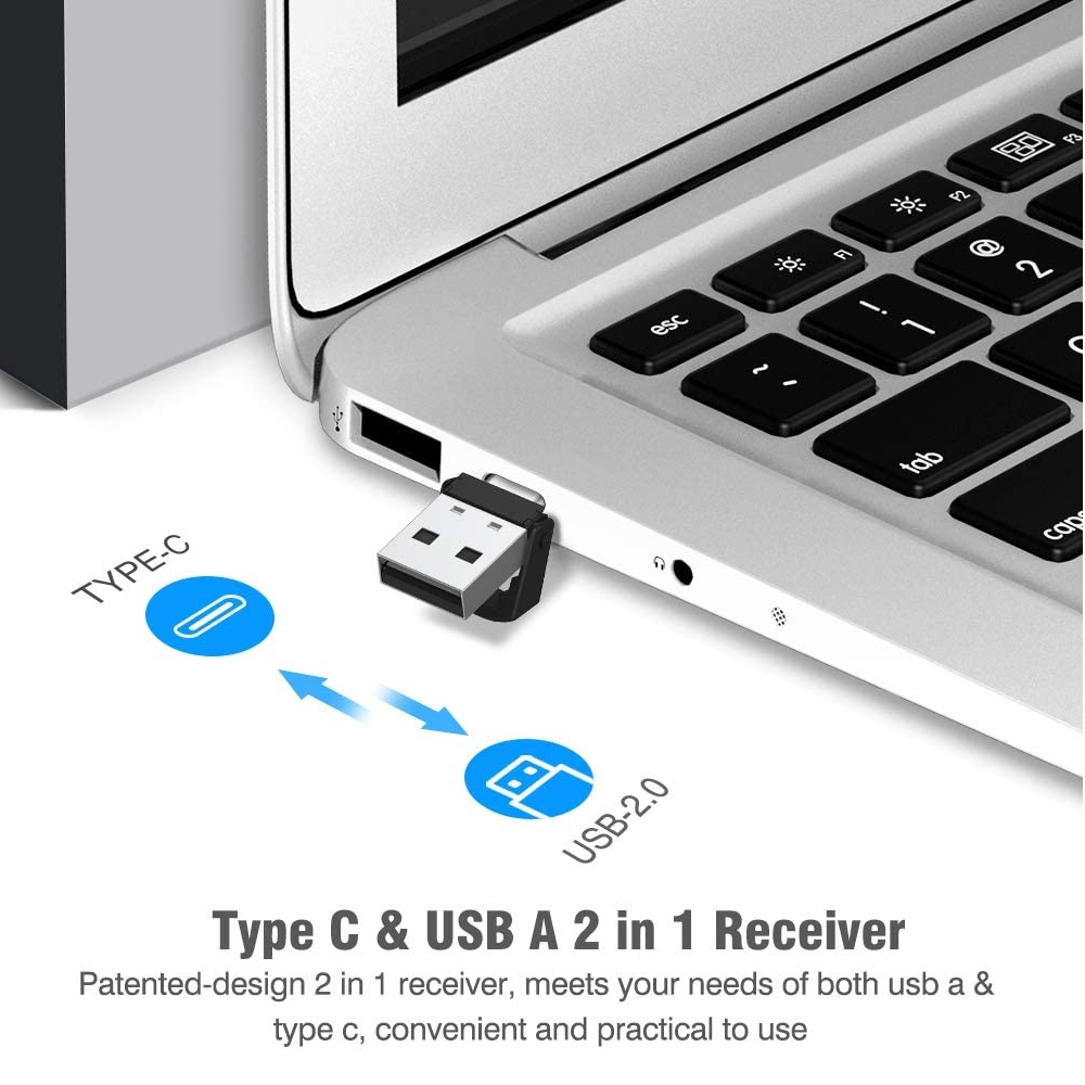 Ein USB-Empfänger ist an einen Laptop angeschlossen. Diagramme zeigen Typ-C- und USB 2.0-Verbindungen. Text: 'Typ C & USB A 2 in 1 Empfänger'.