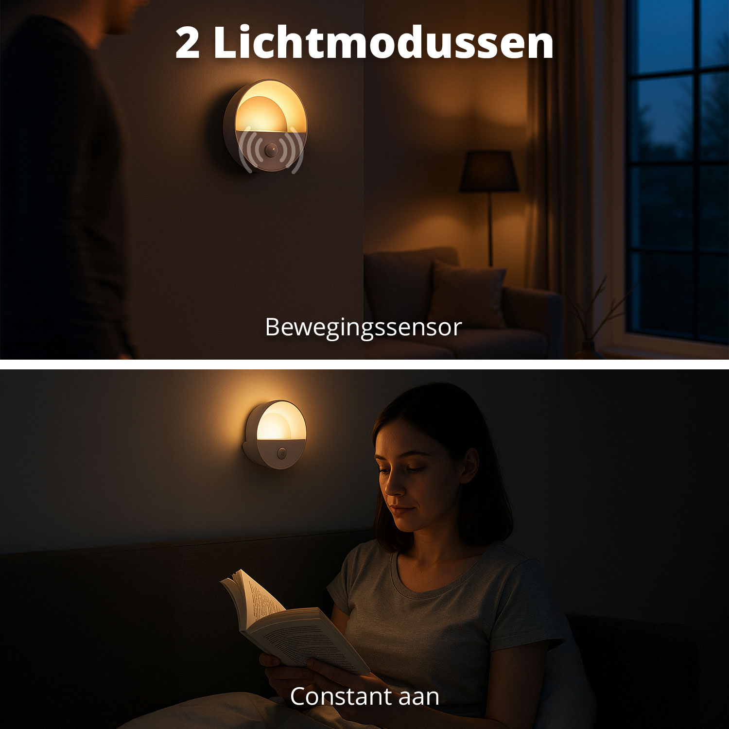 De afbeelding toont een wandlamp met twee lichtmodi. Een persoon loopt langs een lamp en een vrouw leest bij de andere. De tekst zegt 'Constant aan'.