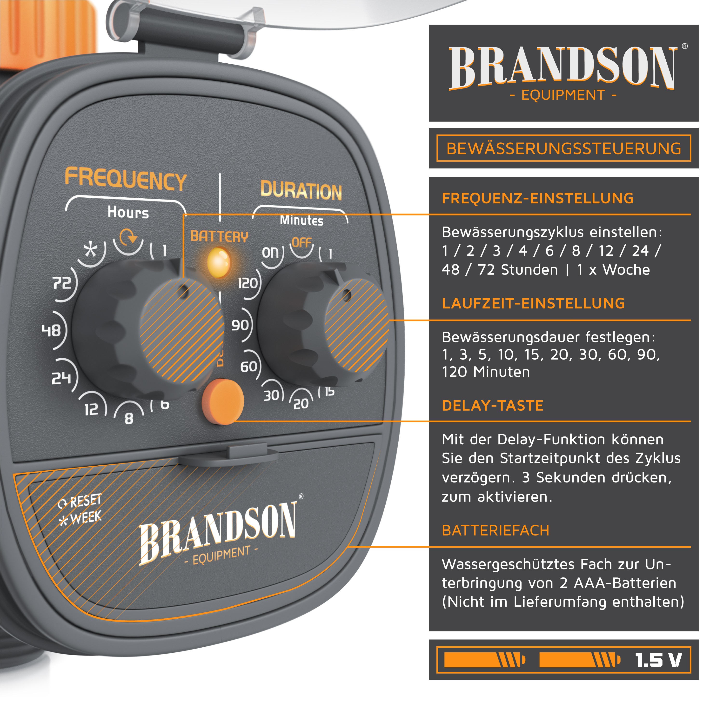Nahaufnahme eines Brandson Bewässerungs-Timers mit Drehreglern, Tasten und Textbeschriftungen. Orange und Grau.