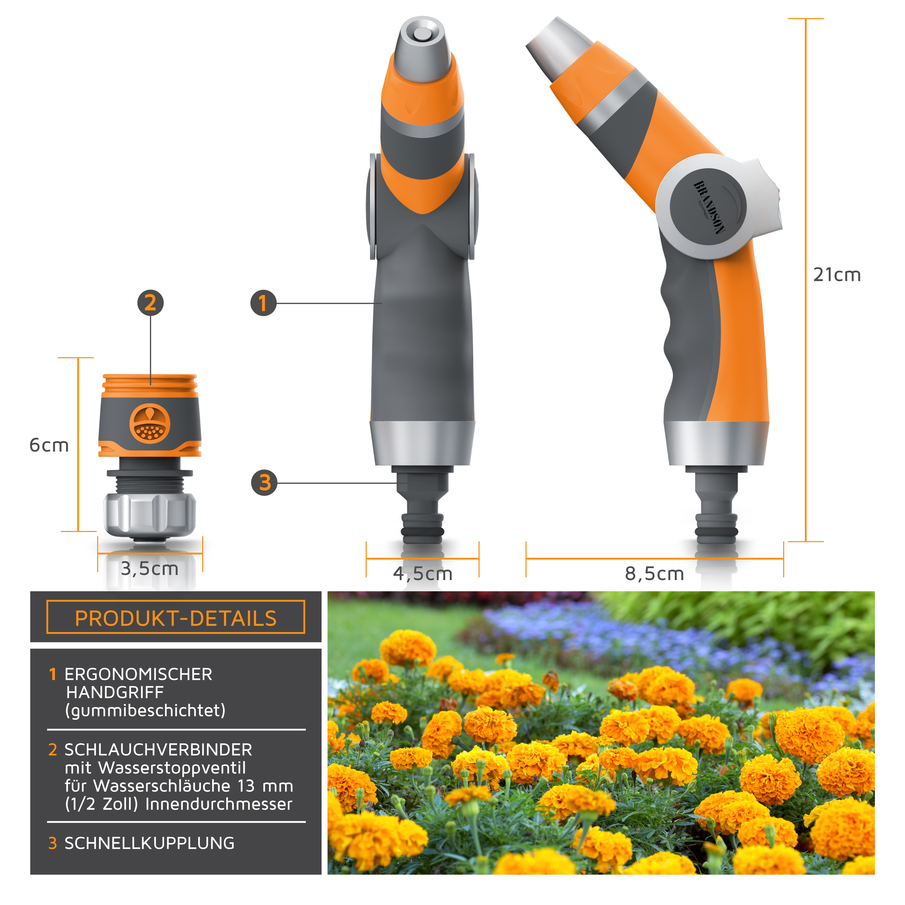 Eine orangefarbene und graue Wasserdüse mit Abmessungen und ein Blumenbeet voller orangefarbener Blumen.