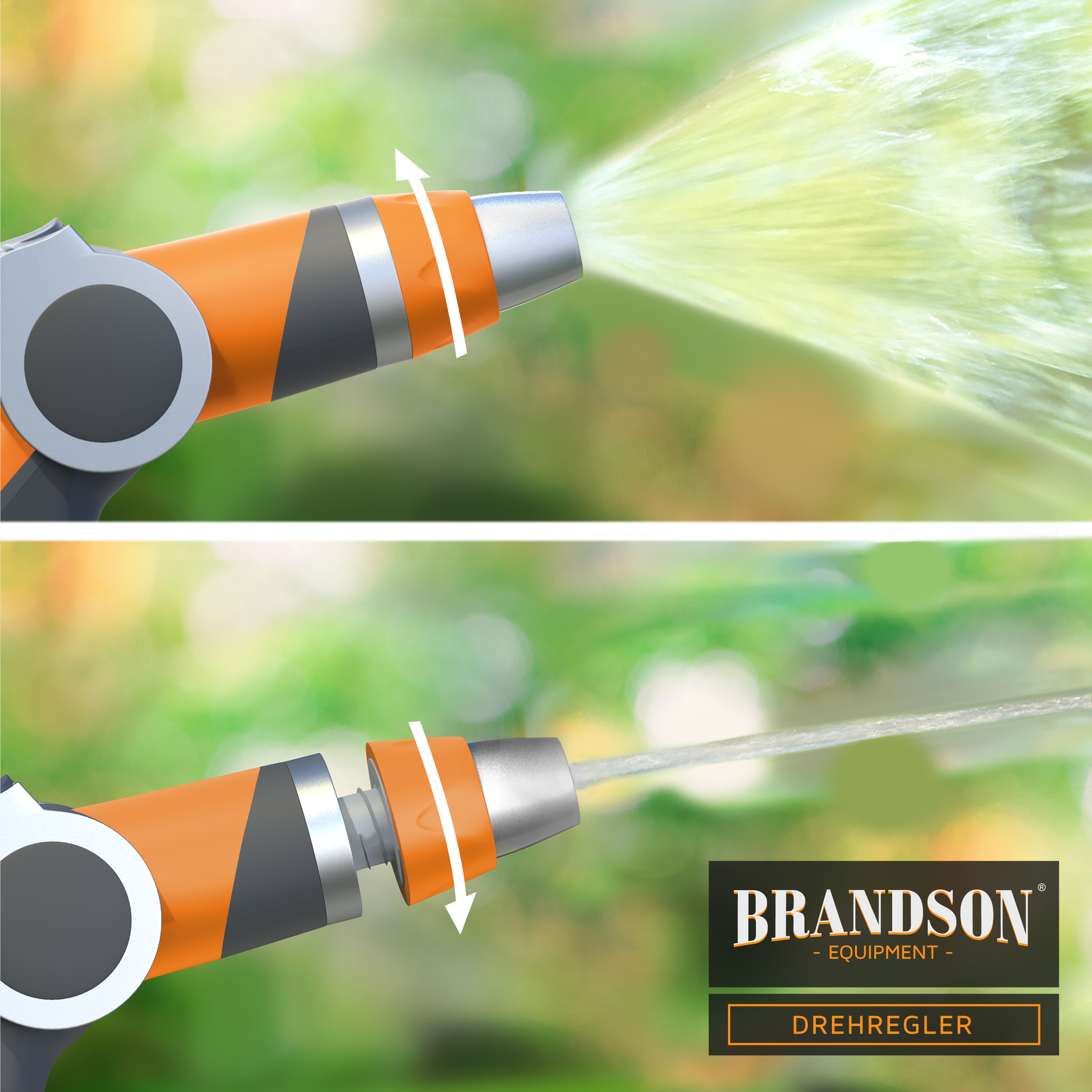 Nahaufnahme einer Gartenschlauchdüse, die Wasser sprüht. Sie hat einen orangefarbenen Griff und silberne Akzente vor grünem Hintergrund.