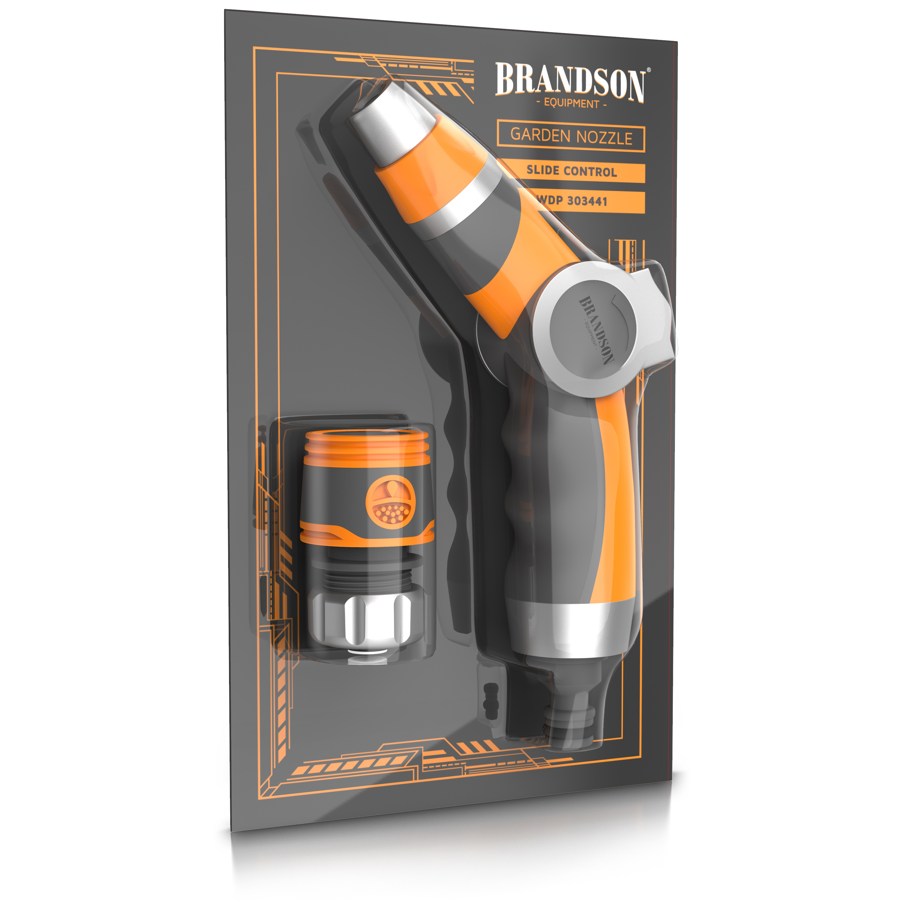 Eine Gartenspritze in der Verpackung. Sie ist orange, schwarz und silber. Die Marke ist Brandsdon.