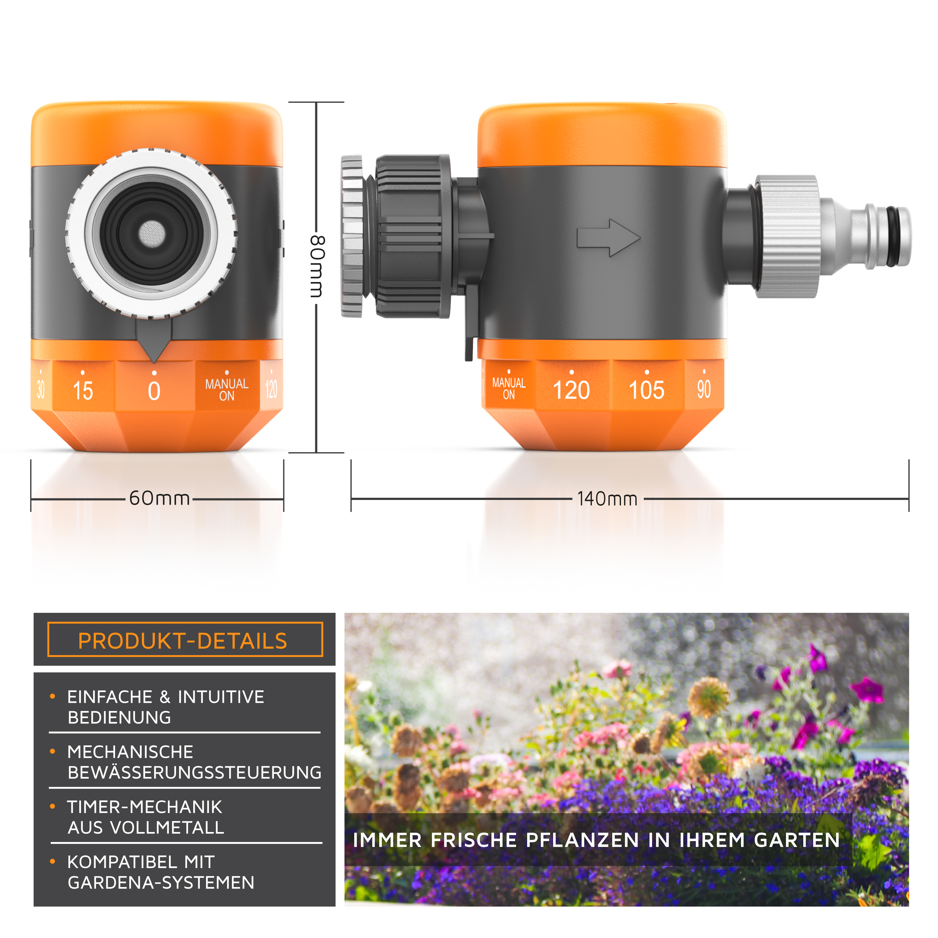 Ein orange-grauer Wassertimer. Er hat ein Zifferblatt mit Zahlen und einen Garten mit Blumen im Hintergrund.