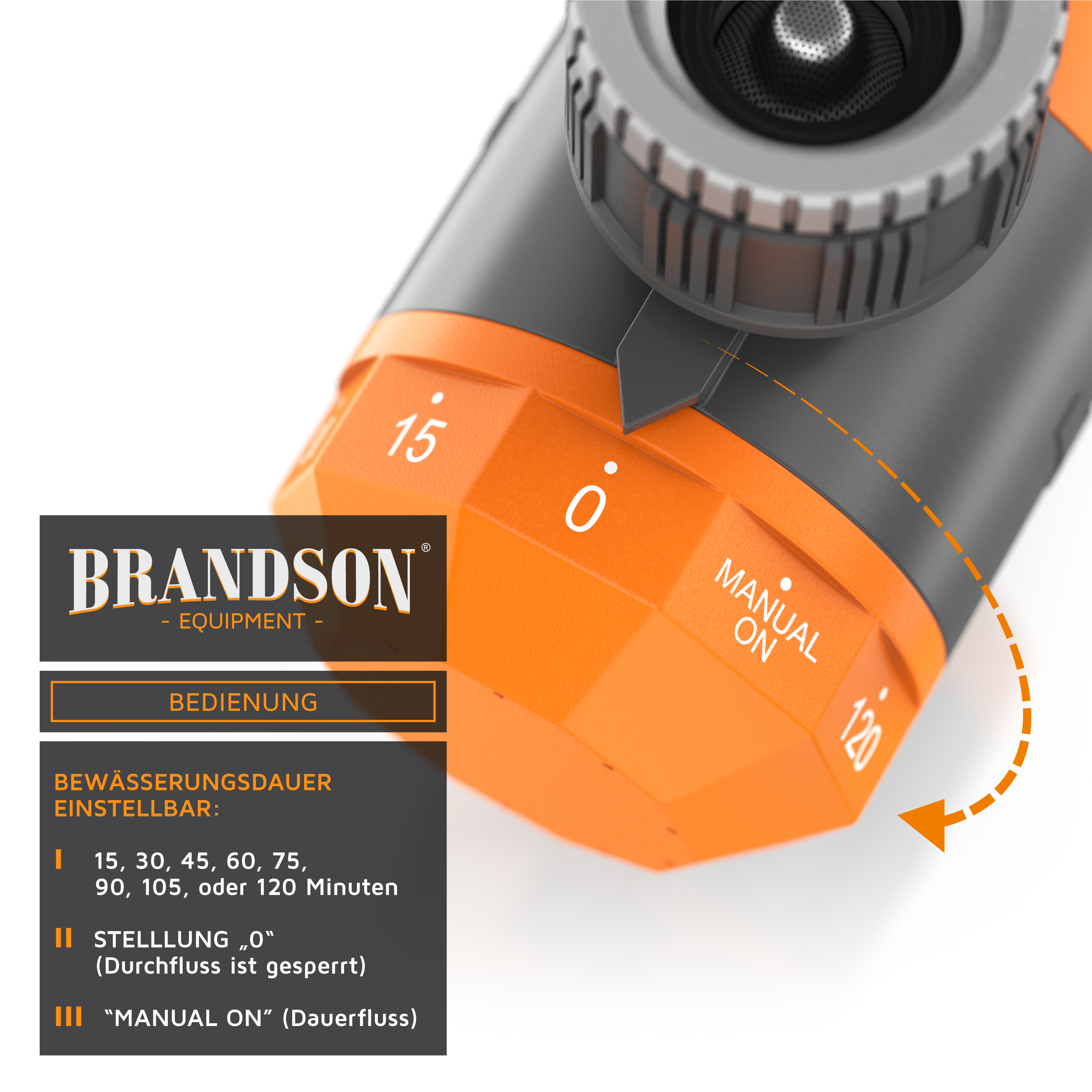 Ein orange-grauer Sprinkler-Timer mit Einstellungen für Zeit und manuell ein, mit Text auf Deutsch.