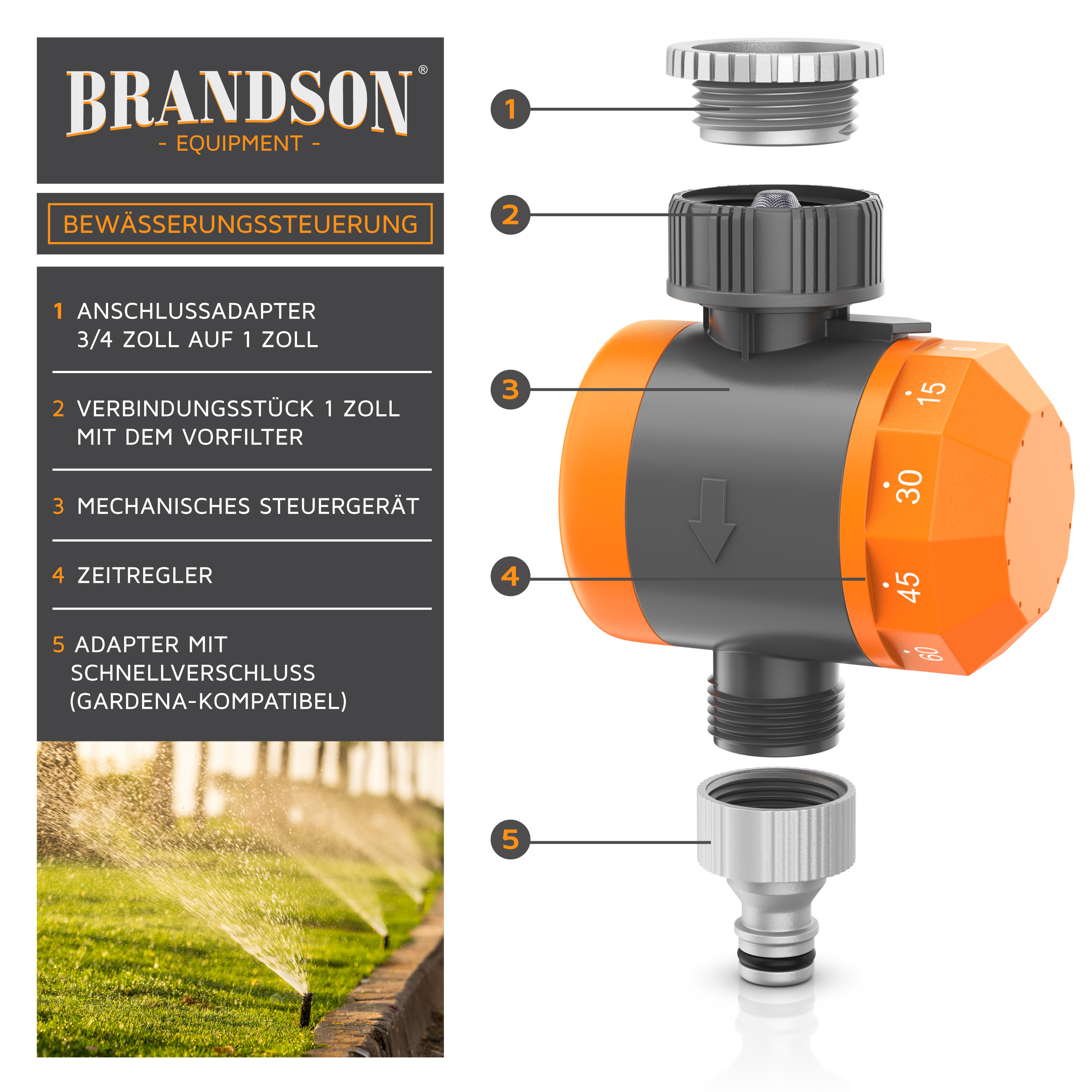 Bewässerungsuhr mit orangenem Zifferblatt, Zahlen und grünem Gras im Hintergrund mit Sprinklern.