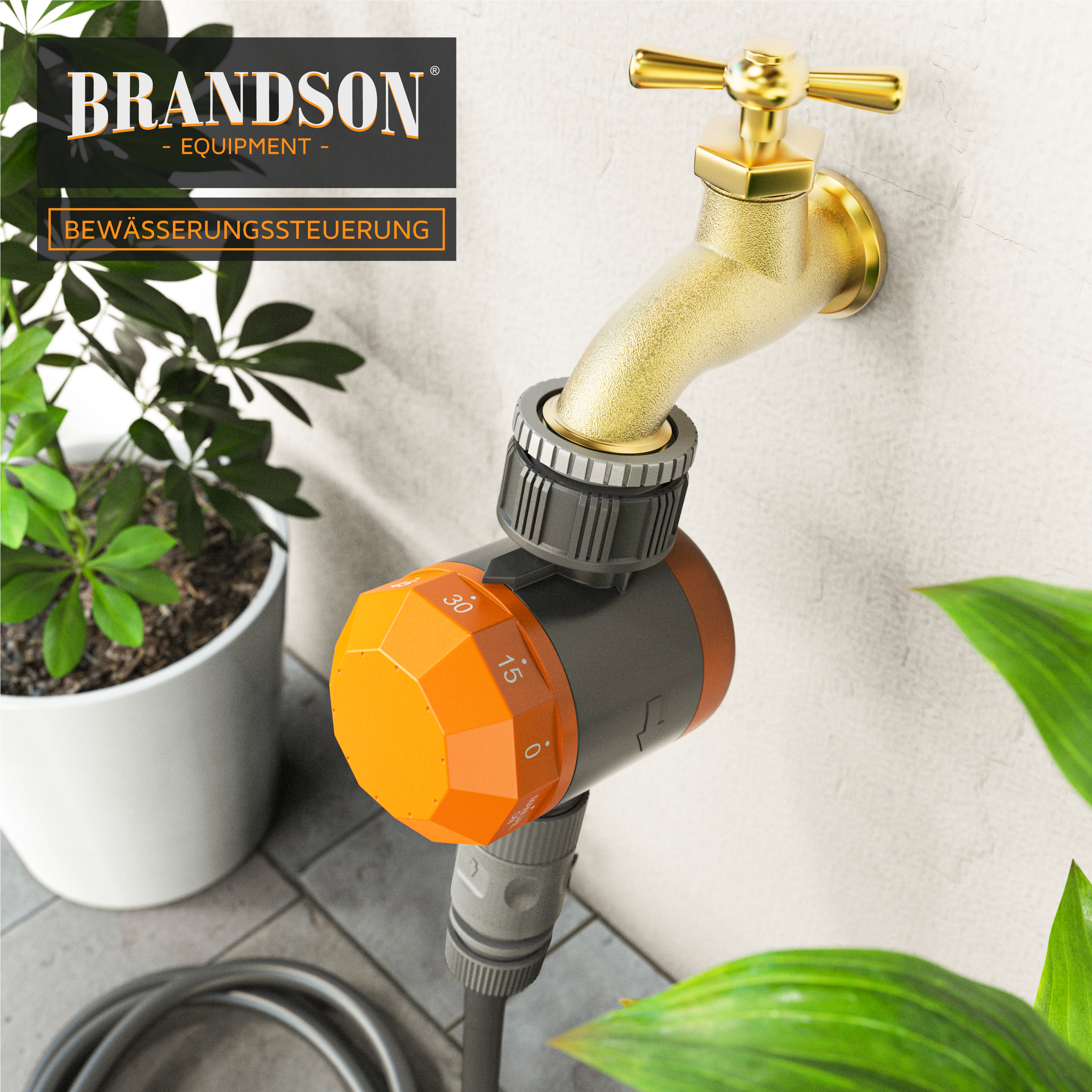 Goldener Wasserhahn mit orangenem Timer. Pflanze und Schlauch sichtbar. Die Marke ist BrandsON.