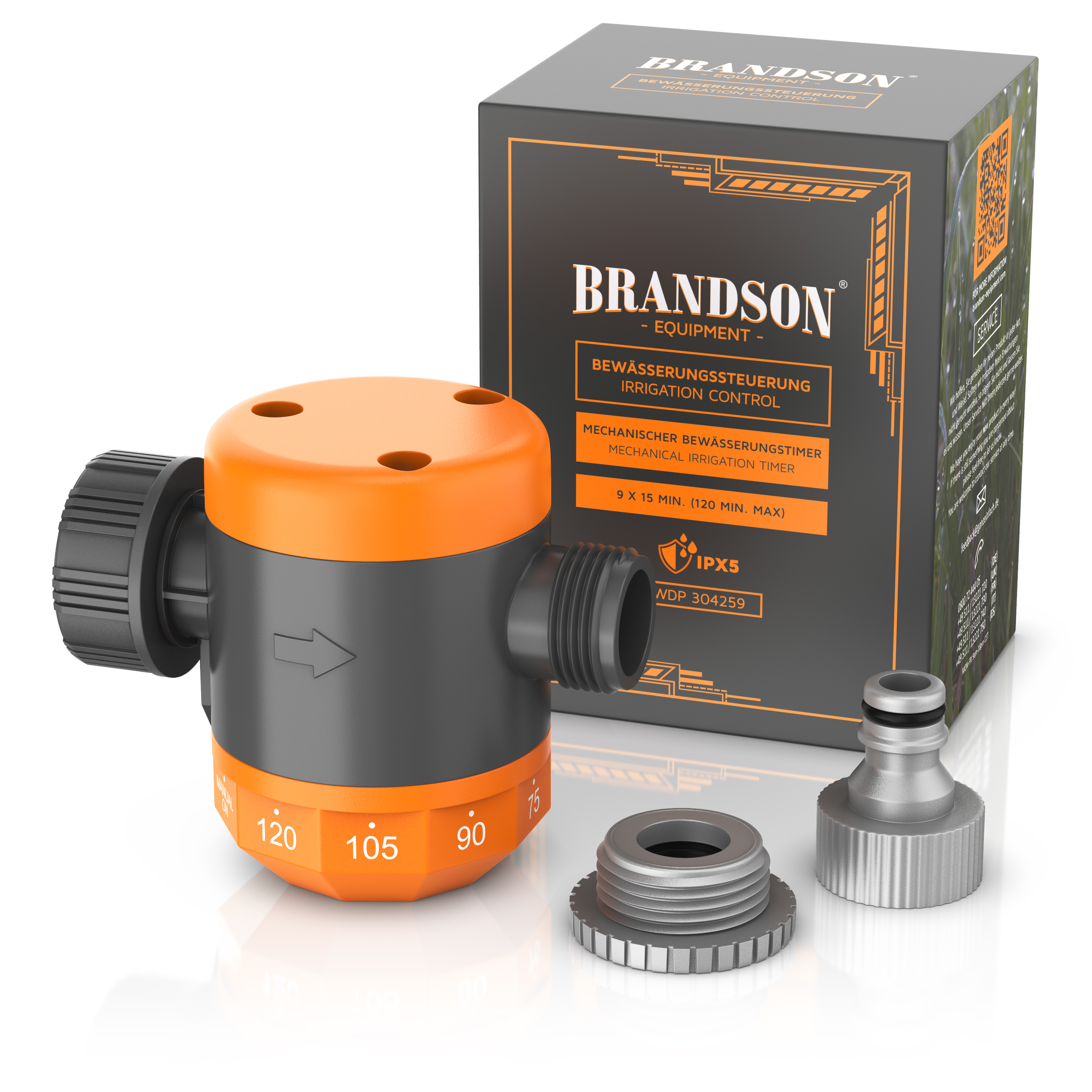 Ein orange-schwarzer Bewässerungstimer mit einer Schachtel mit der Aufschrift 'BRANDSON' und mehreren Metallzubehörteilen.