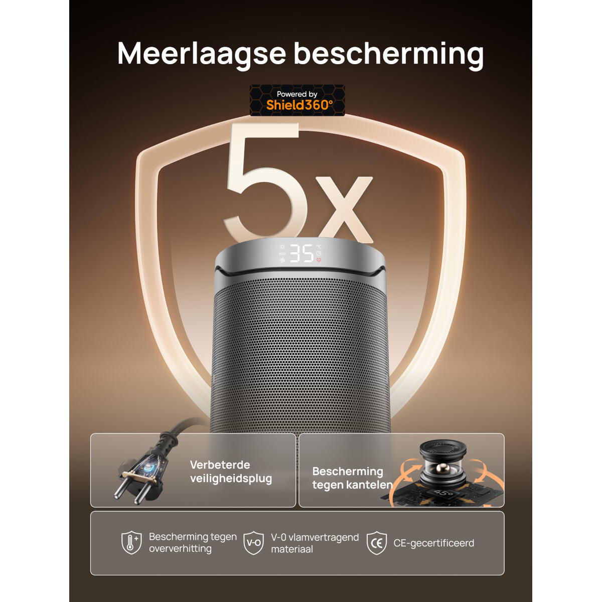 Een zilveren en zwarte kachel met een digitaal display. Het toont 35 graden. De tekst bevat 'Meerlaagse bescherming' en veiligheidskenmerken.