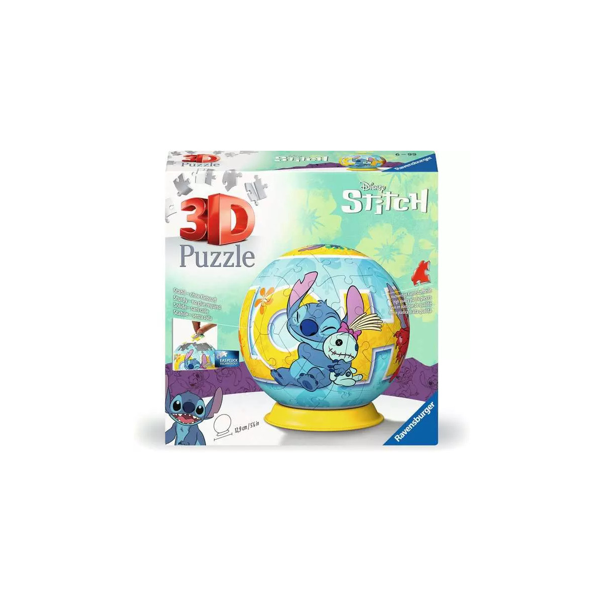 Eine 3D-Puzzle-Box mit Stitch-Motiv. Das Puzzle ist kugelförmig mit Stitch und einer Puppe darauf, auf einem gelben Ständer.