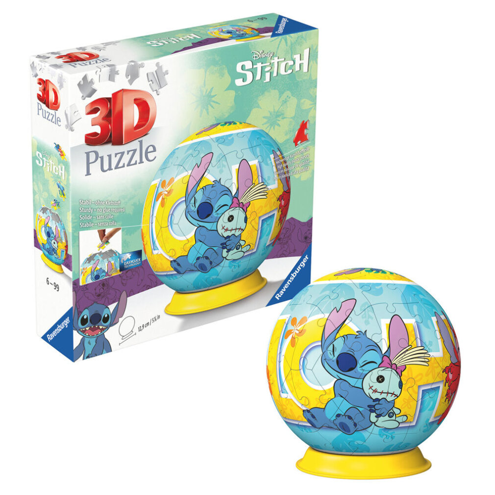 Eine 3D-Puzzle-Box mit Stitch und einer kleineren Stitch-Puppe. Das Puzzle ist eiförmig und steht auf einem gelben Ständer. Die Box ist im Hintergrund.