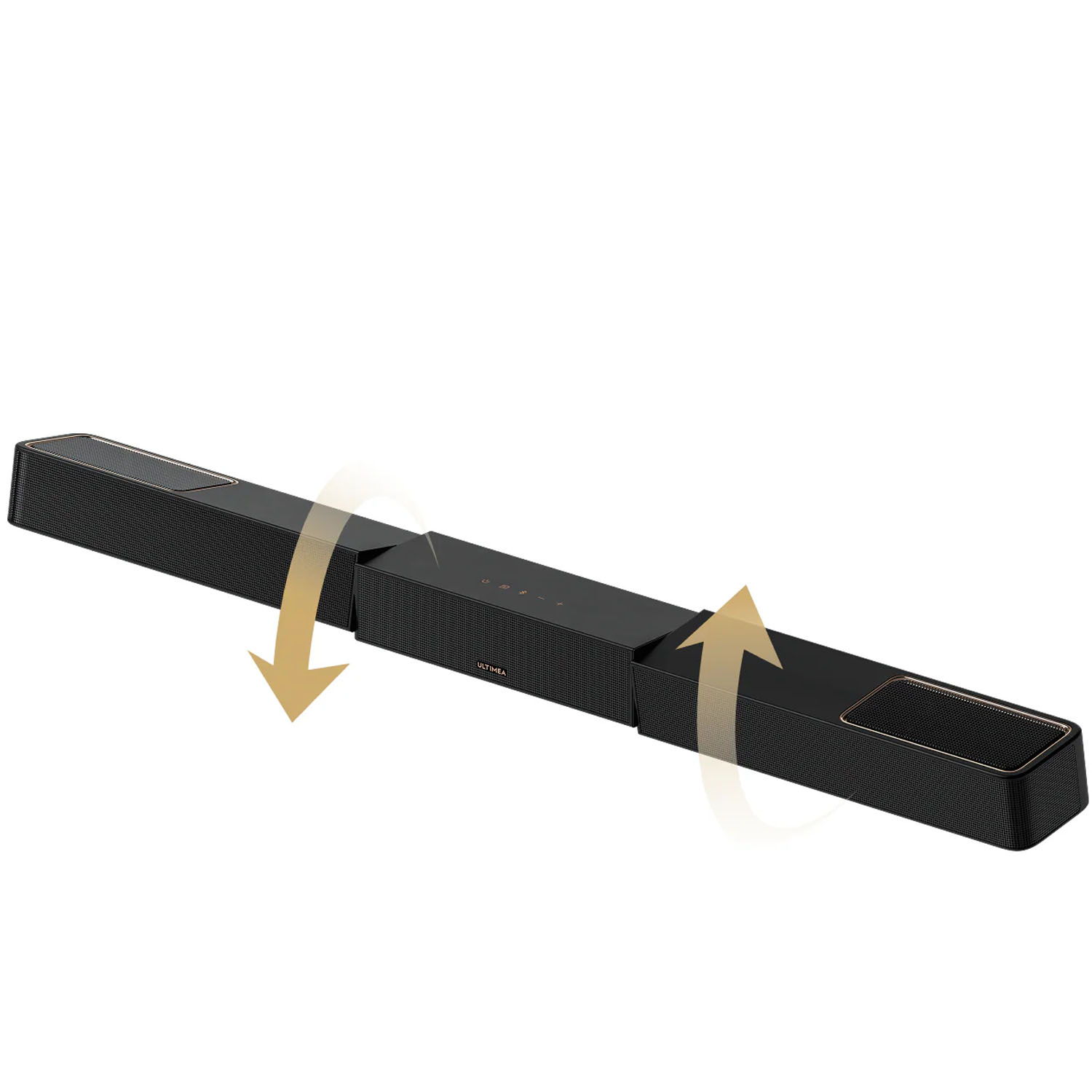 Czarny soundbar ze złotymi akcentami, z dwoma strzałkami obracającymi się na zewnątrz od środka.
