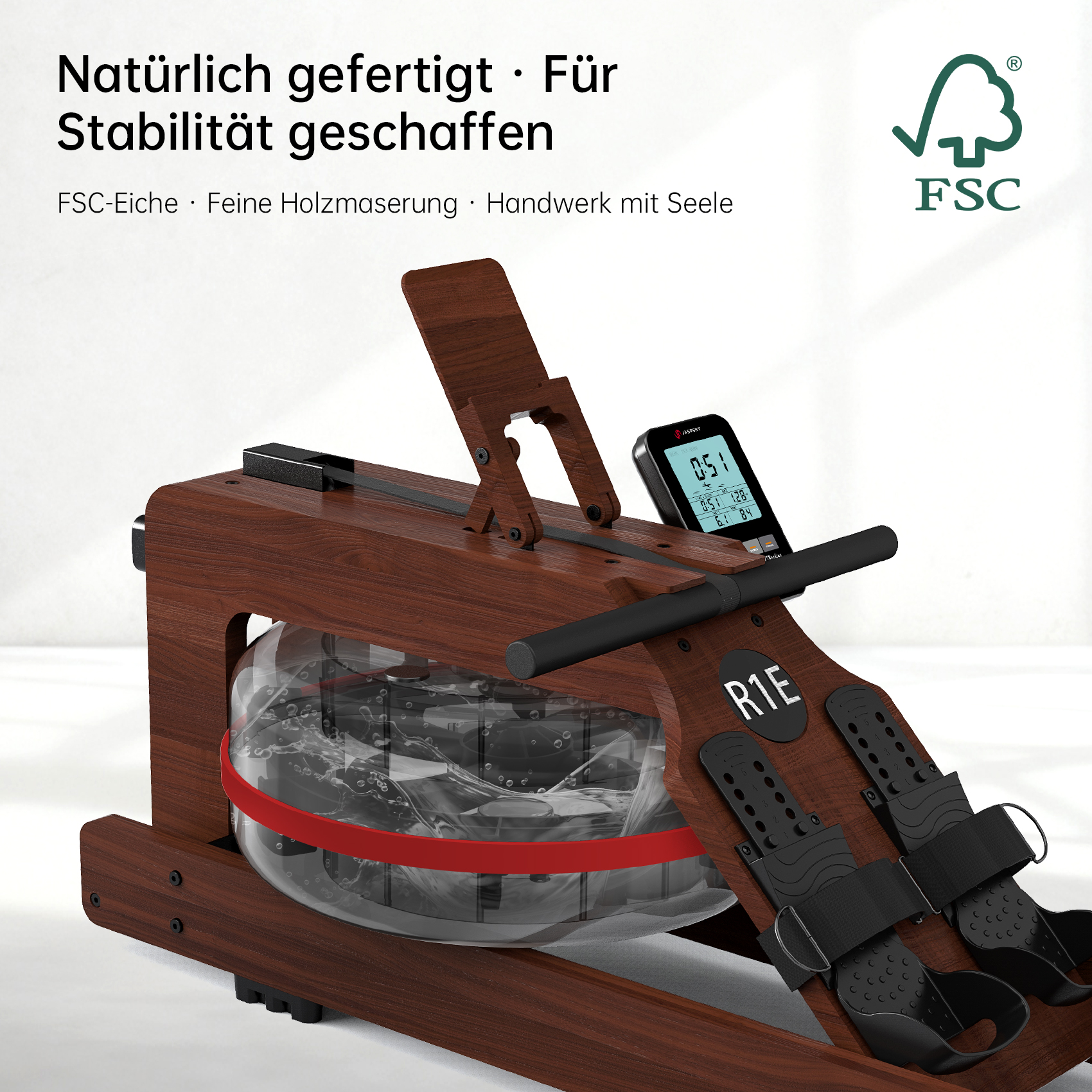 Un vogatore in legno con display digitale, serbatoio dell'acqua e poggiapiedi. Lo sfondo è bianco.
