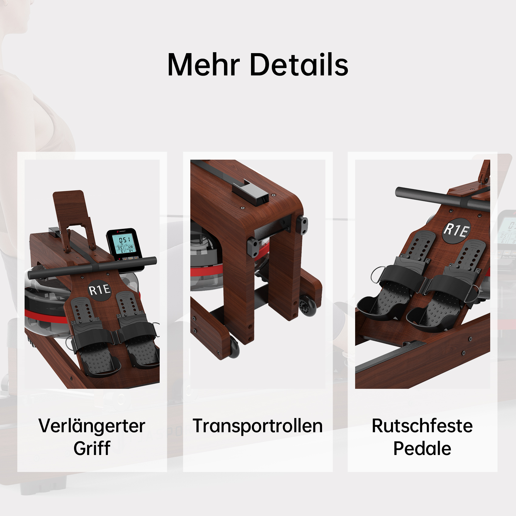 Das Bild zeigt Details eines Rudergeräts: verlängerter Griff, Transportrollen und rutschfeste Pedale. Die Maschine ist braun.