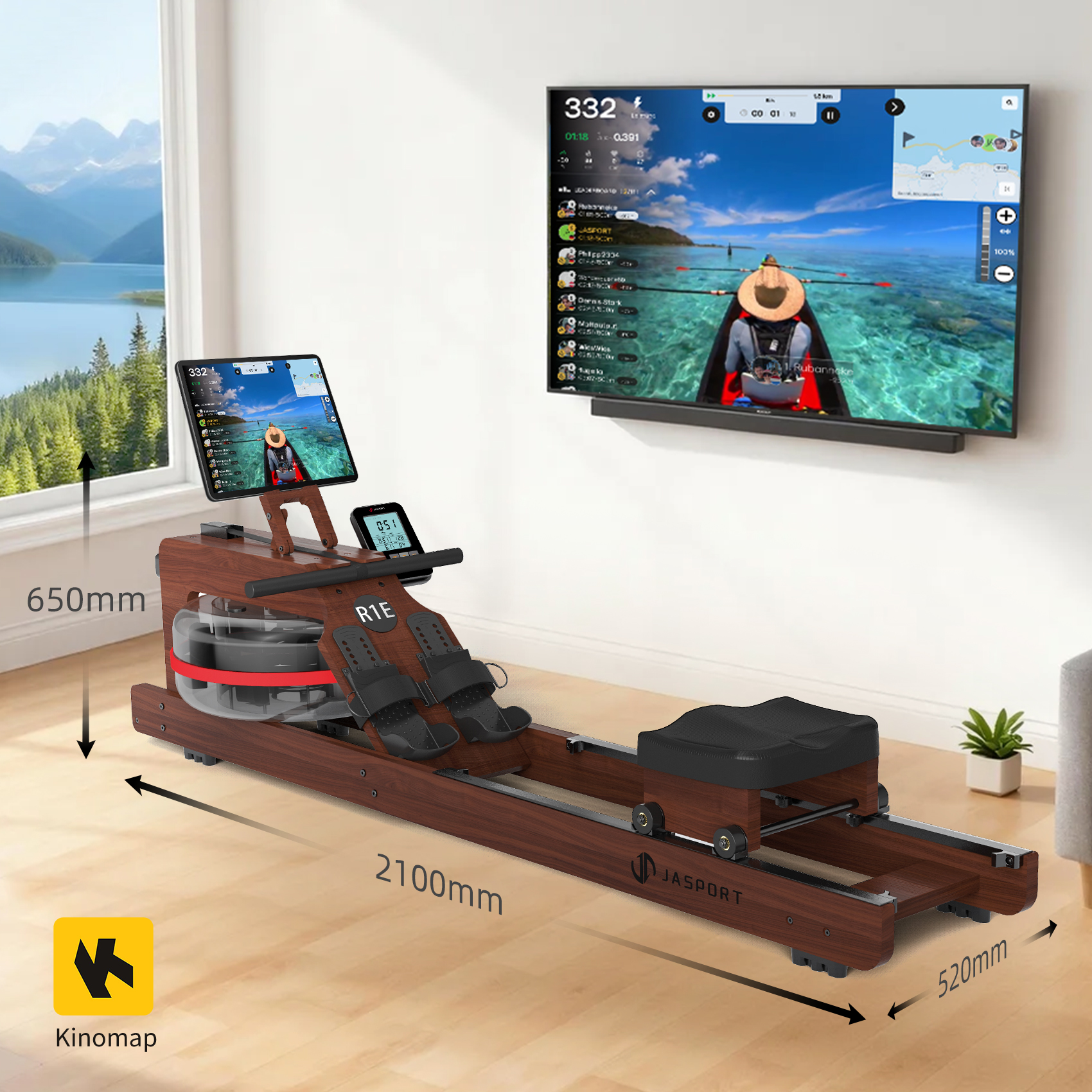 Un vogatore con tablet, TV con scena di kayak, finestra con paesaggio e una piccola pianta.