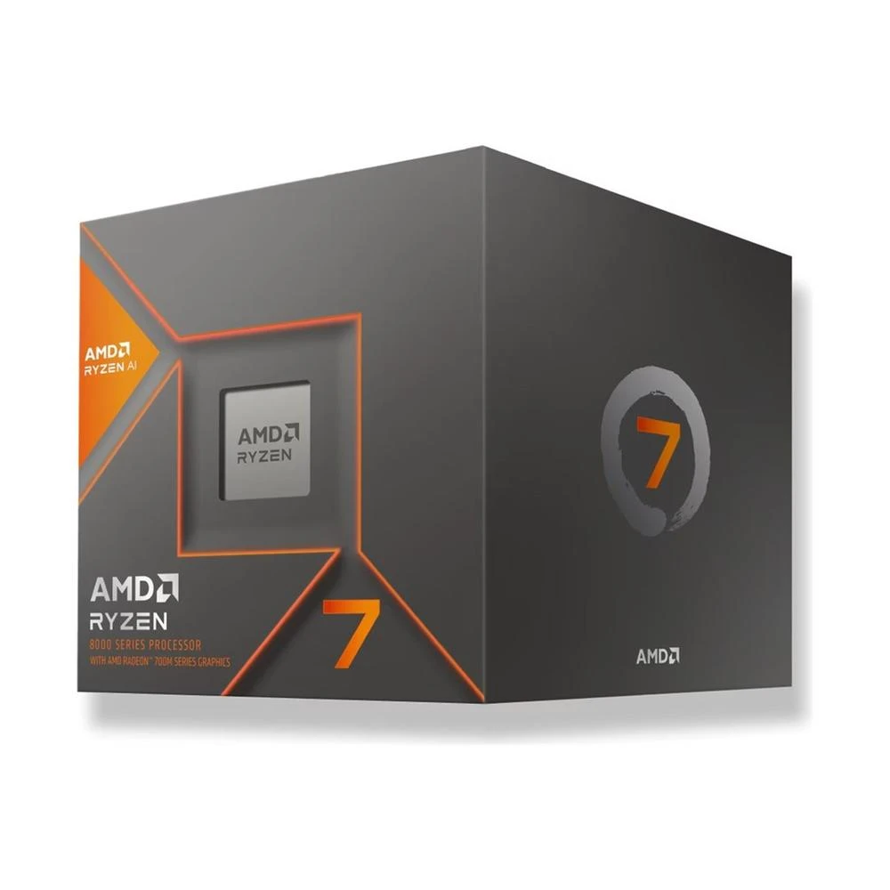 Una scatola con il marchio del processore AMD Ryzen 7. Ha il numero 7 e il logo AMD. La scatola è grigia e arancione.