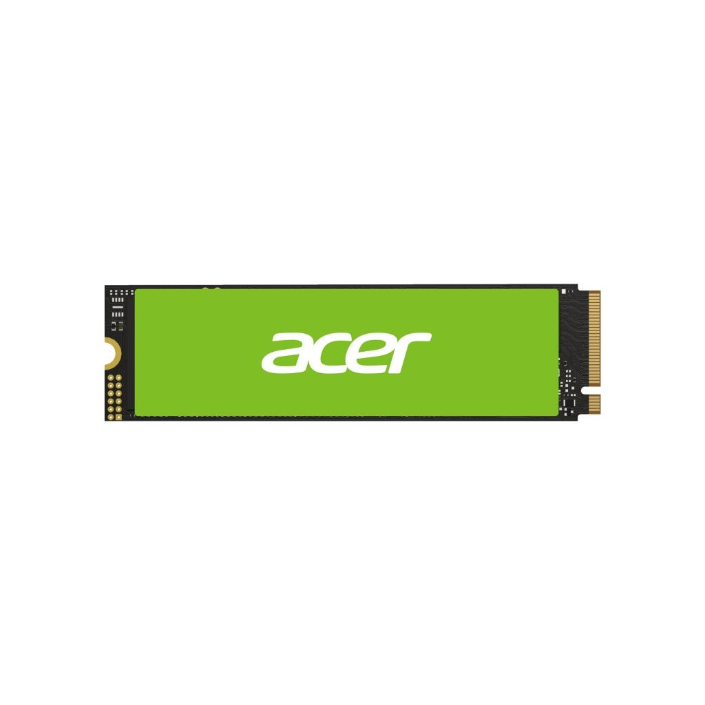 Dysk SSD Acer. Urządzenie jest prostokątne z zielonym środkiem z logo Acer. Posiada złote złącza i czarne elementy.