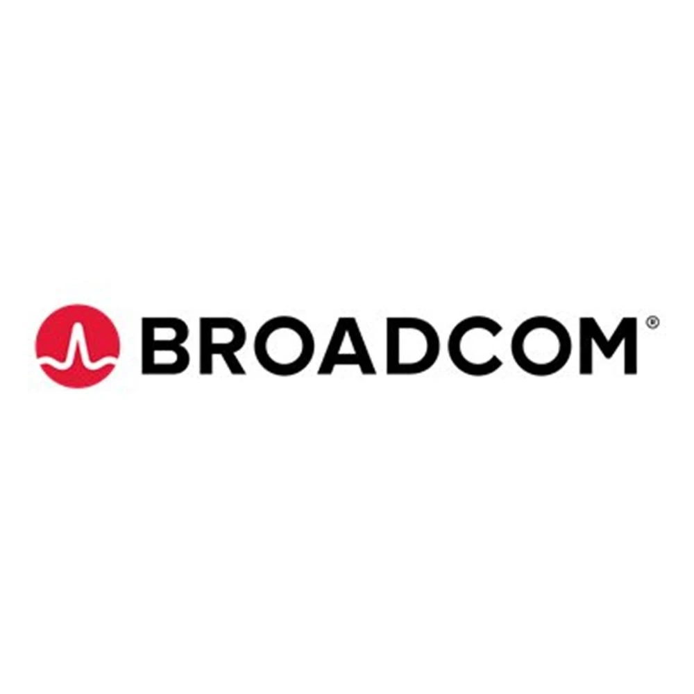Il logo Broadcom su sfondo bianco. Presenta un'icona a onda rossa e la parola BROADCOM in maiuscolo nera.