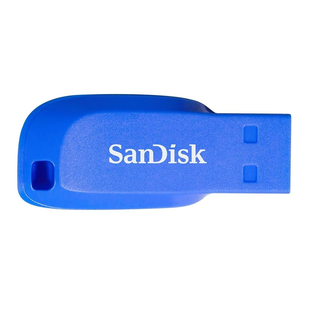 Una chiavetta USB Sandisk blu, il marchio è scritto in bianco. La forma è curva su un'estremità e rettangolare sull'altra.
