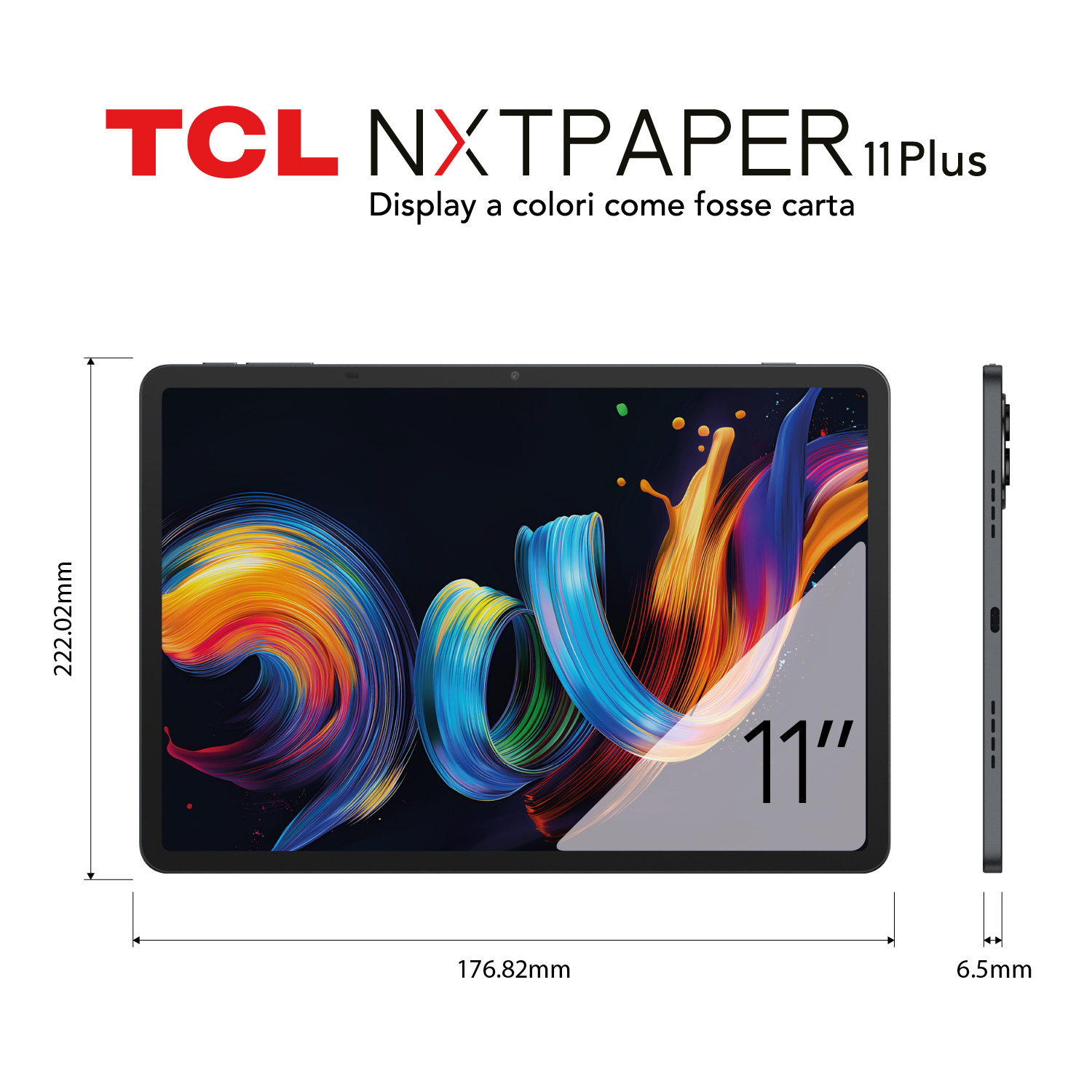 Tablet TCL NXTPAPER 11 Plus. Wyświetlacz pokazuje kolorową sztukę abstrakcyjną. Wymiary: 222,02 mm x 176,82 mm, grubość 6,5 mm.
