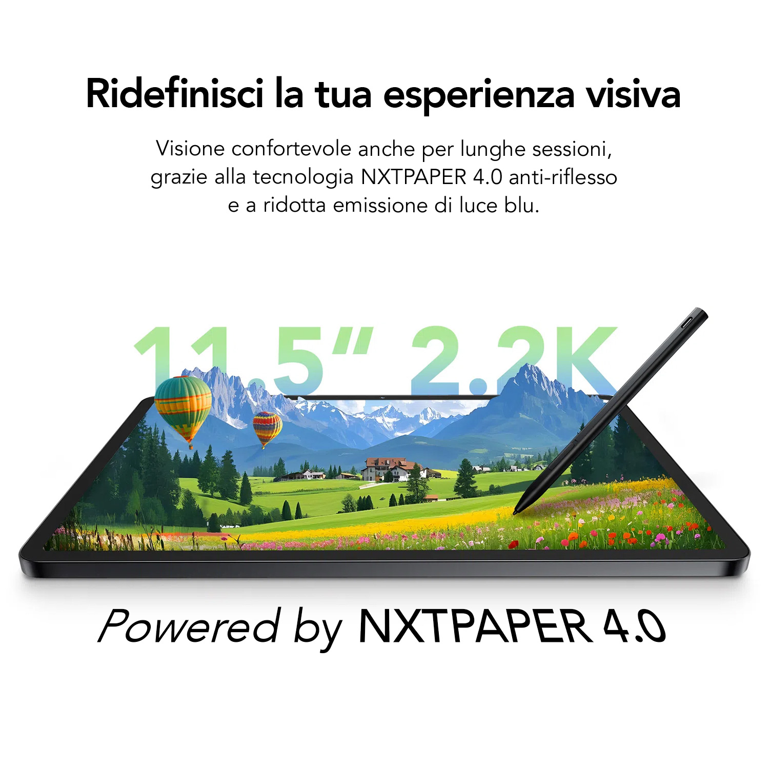 Tablet z krajobrazem górskim. Balony na ogrzane powietrze, rysik i tekst: 'Powered by NXTPAPER 4.0'.