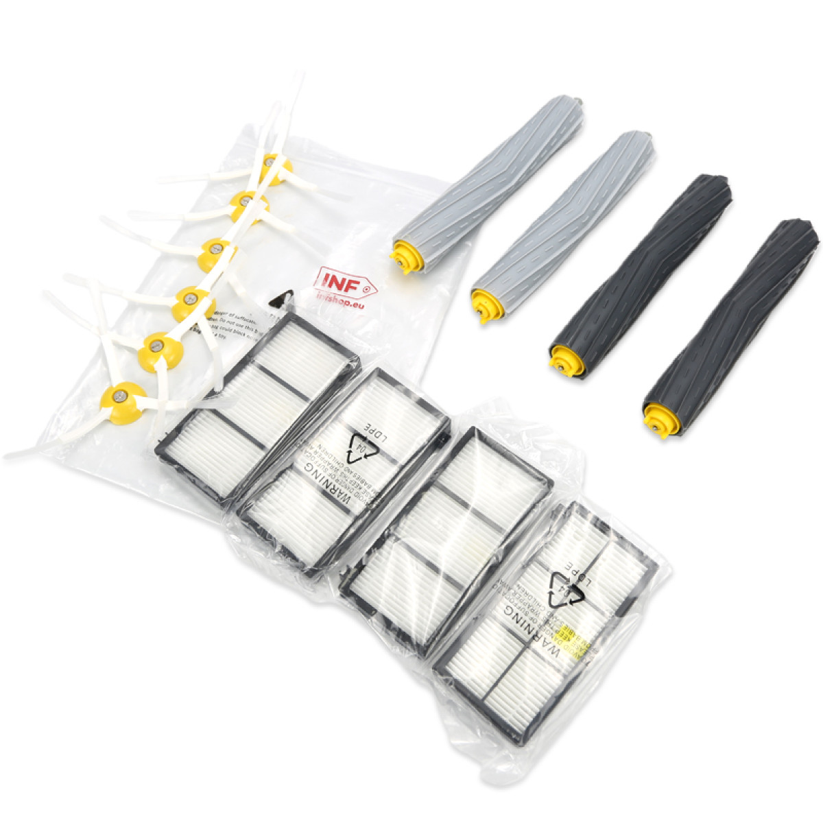 Wyświetlane są części zamienne do odkurzaczy: szczotki, filtry i wałki. Przedmioty znajdują się na białej powierzchni z przezroczystym tłem.