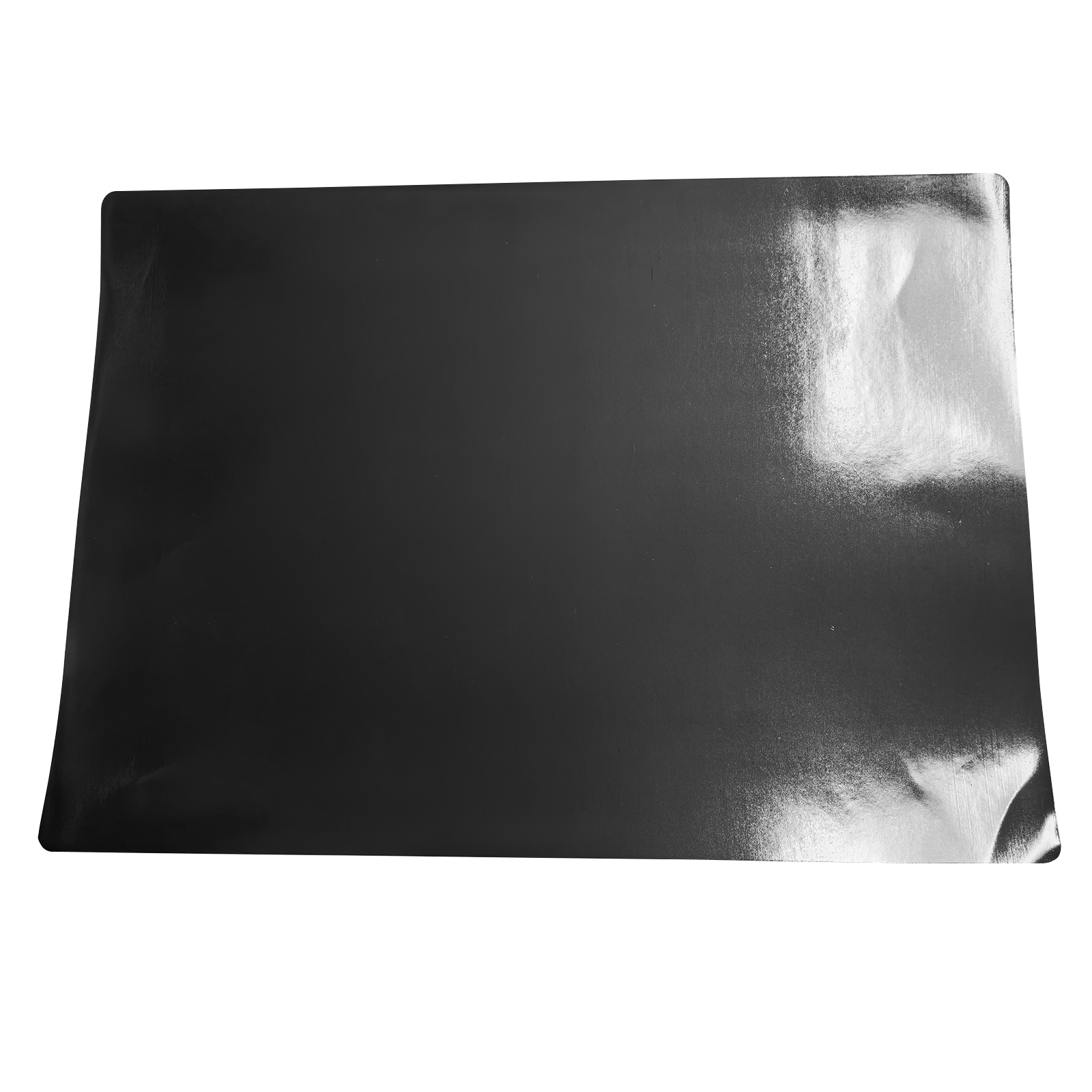 Prostokątna, czarna, błyszcząca powierzchnia na białym tle. Ma zaokrąglone rogi i jakość odbijającą światło.