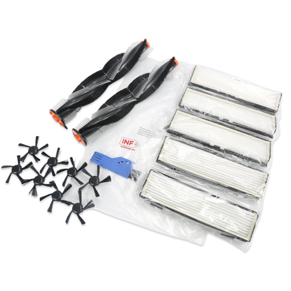 Zestaw części zamiennych do odkurzacza, w tym szczotki, filtry i narzędzie do czyszczenia, na białym tle.