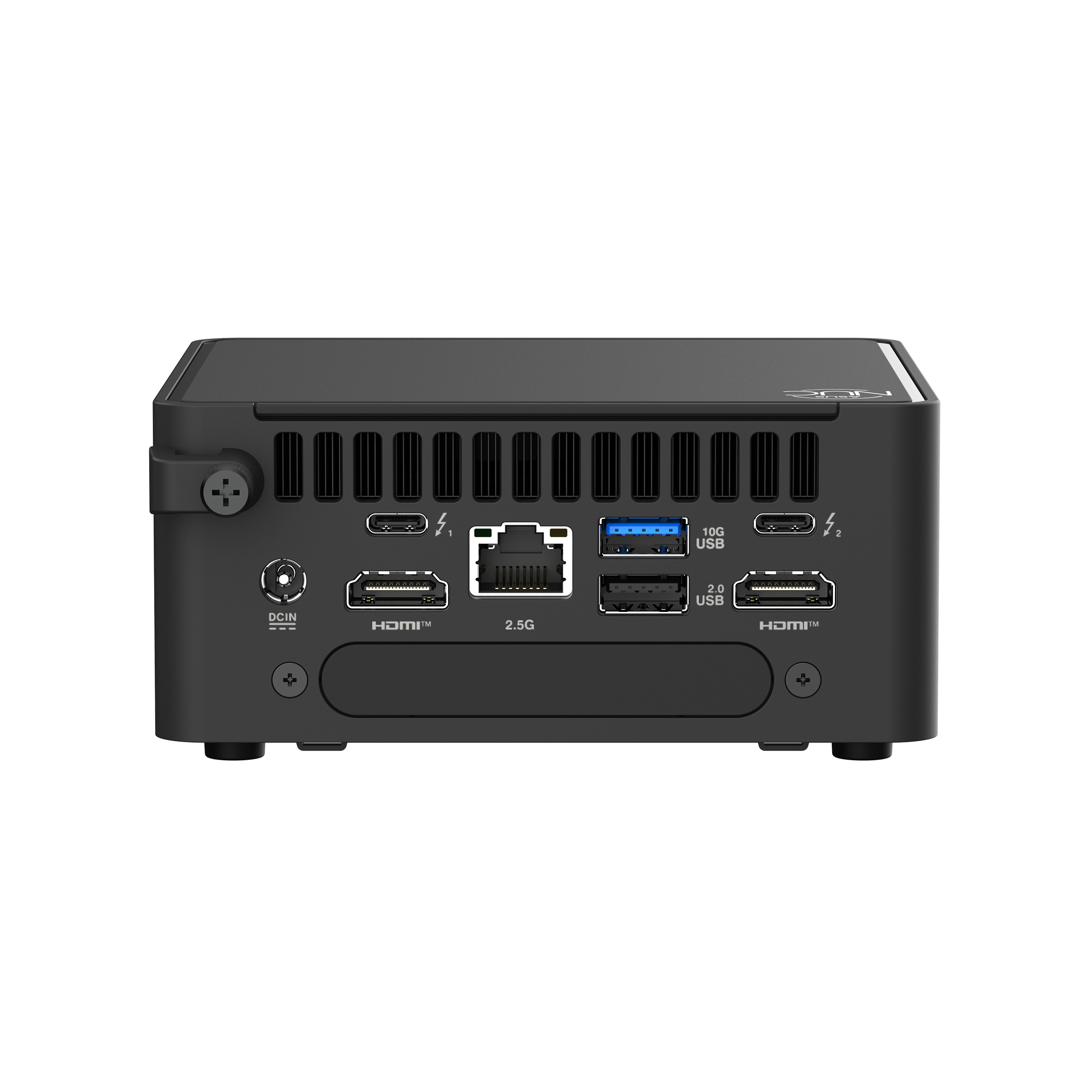 Schwarzer Mini-PC mit mehreren sichtbaren Anschlüssen. HDMI-, USB- und Ethernet-Anschlüsse sind deutlich beschriftet.