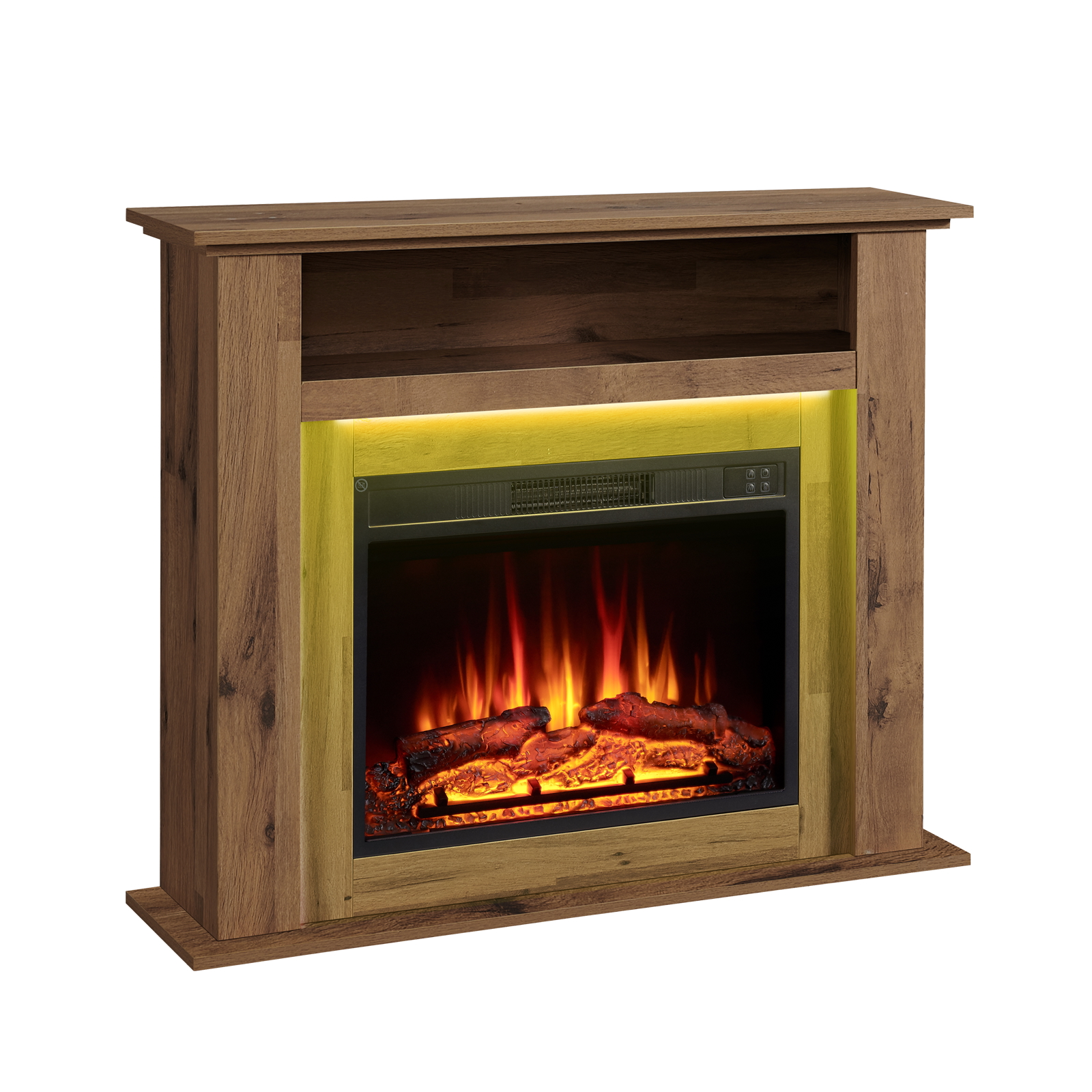 Ein elektrischer Kamin aus Holz mit einem leuchtenden Feuereffekt. Der Rahmen hat eine Holzmaserung, mit gelbem Licht um das Feuer.