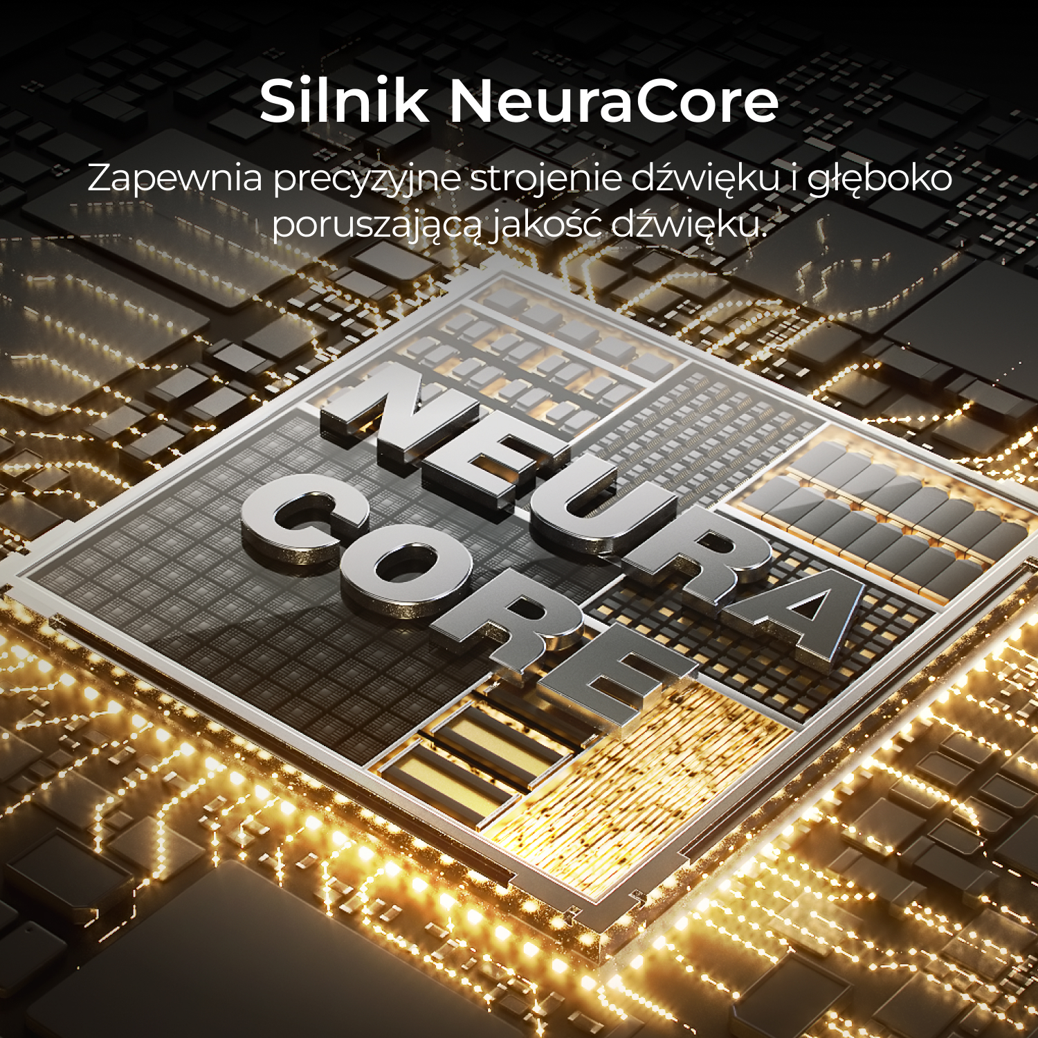 Zbliżenie chipa komputerowego ze słowami 'Silnik NeuraCore'. Chip ma świecące światła i srebrne litery.