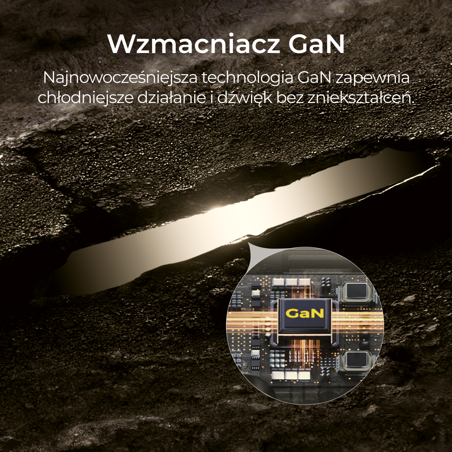 Obraz przedstawia wzmacniacz GaN. Płytka obwodu w okręgu. Polski tekst opisuje technologię i zalety.