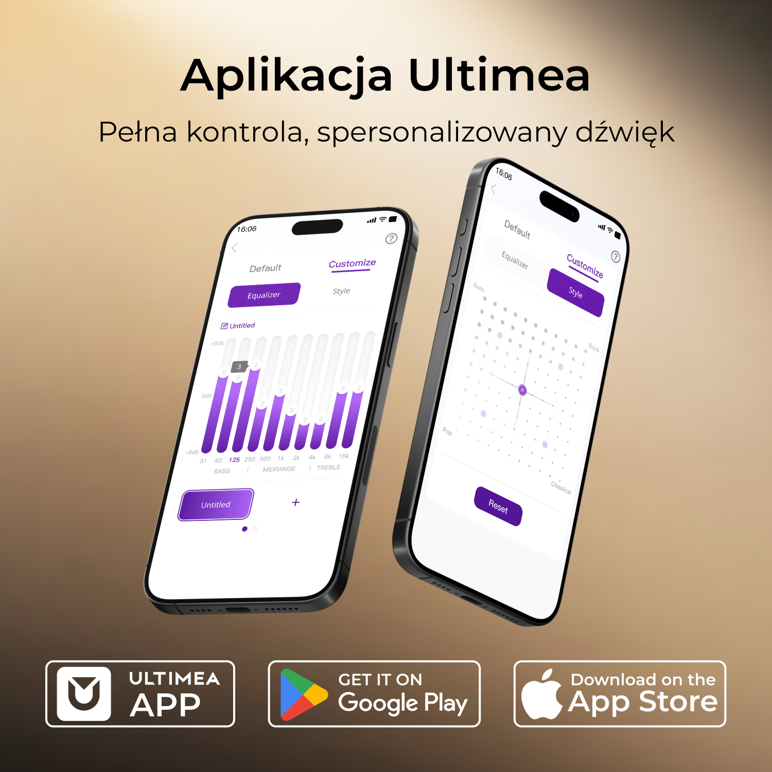 Dwa telefony wyświetlają interfejs aplikacji Ultimea, pokazując opcje korektora i personalizacji stylu. Tło to gradient.