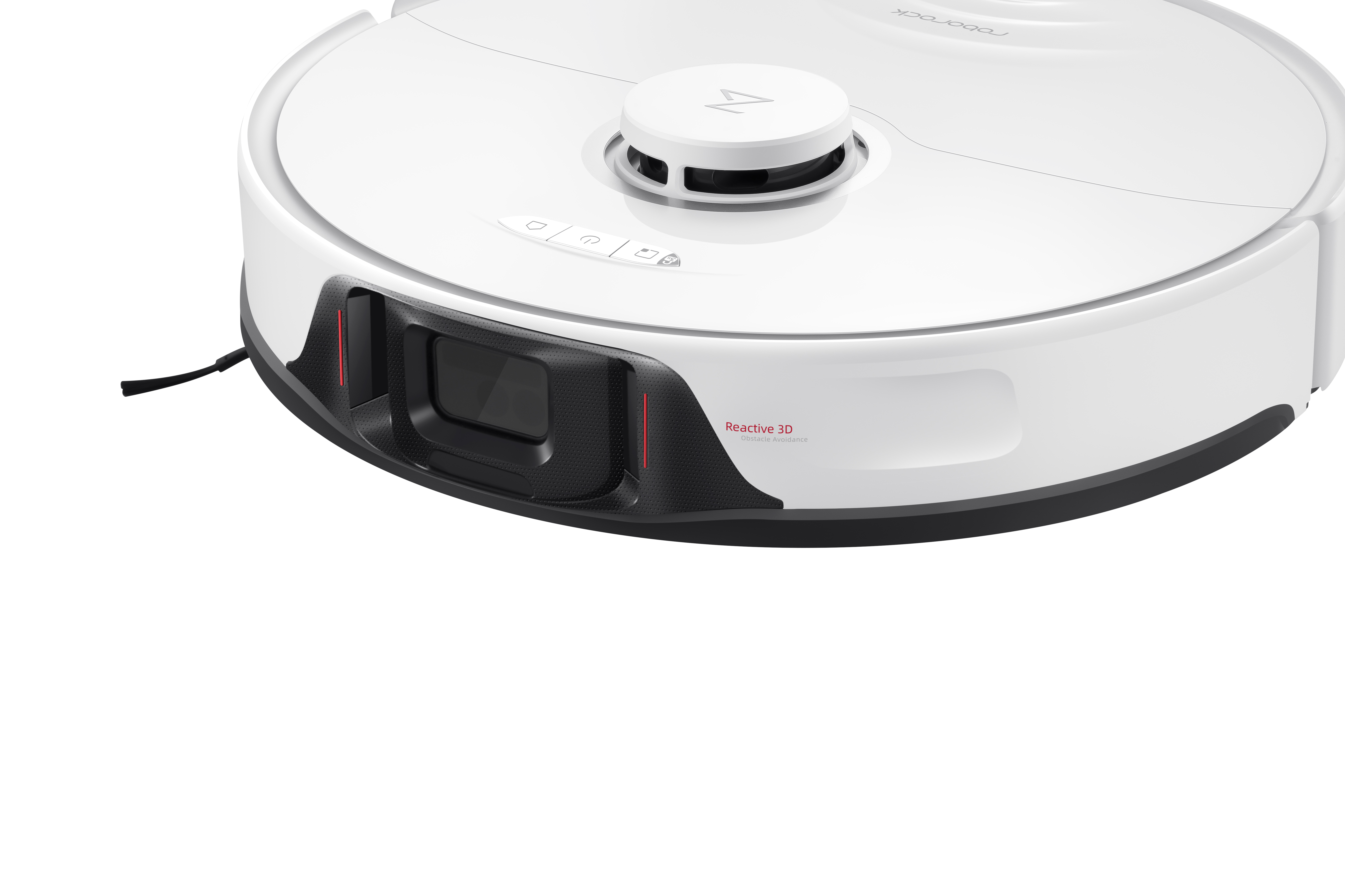 Beyaz robot süpürge. Siyah ön panel, üst sensör ve kontrol düğmeleri bulunur.