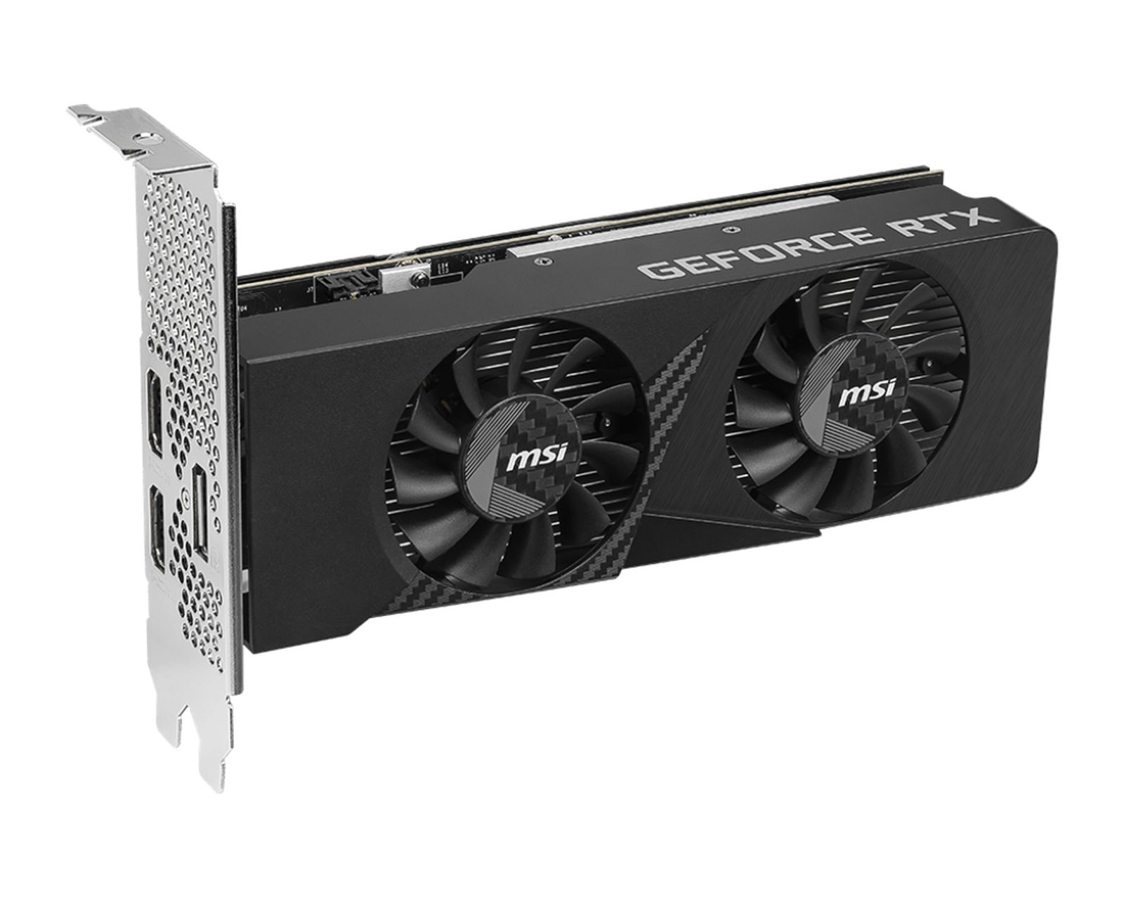 Czarna karta graficzna MSI GeForce RTX z dwoma wentylatorami. Karta jest odizolowana na białym tle, pokazując jej design.