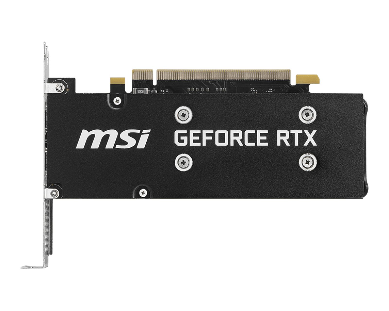 Czarna karta graficzna MSI GeForce RTX na białym tle. Ma srebrne złącza i śruby.