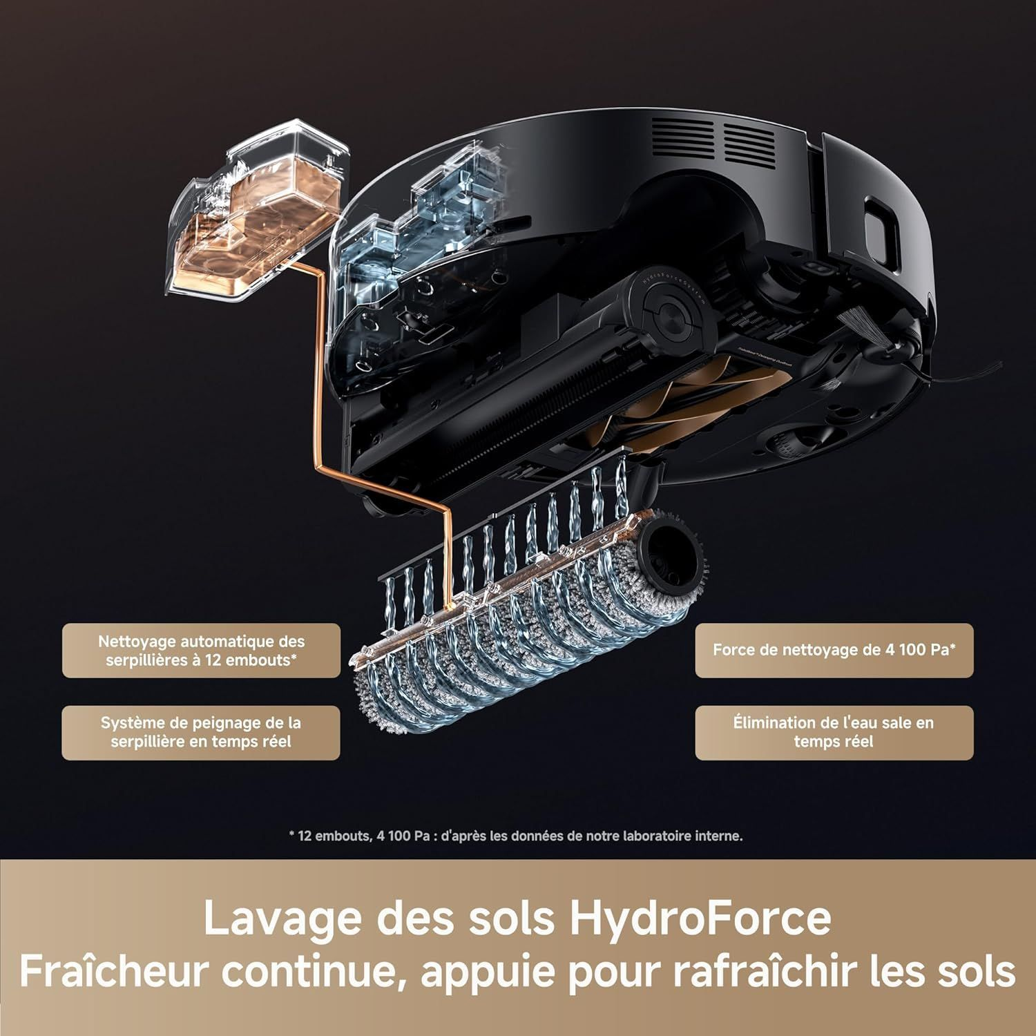 Una aspiradora robótica con componentes internos mostrados. El texto describe características de limpieza como limpieza automática de mopa y eliminación de agua sucia en tiempo real.