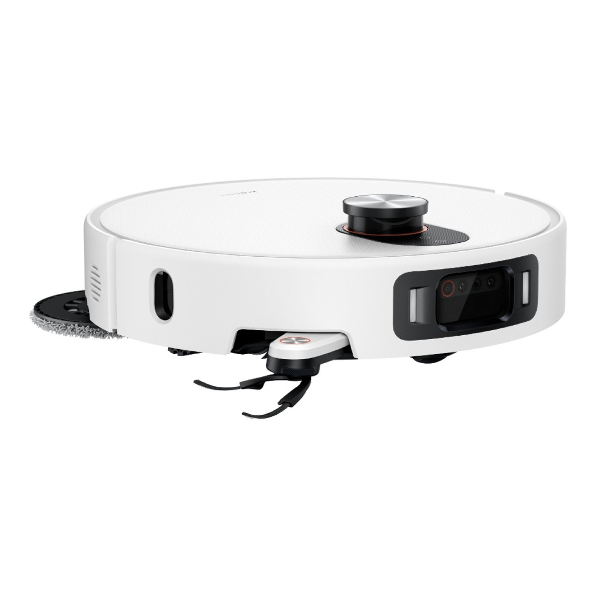 Biały odkurzacz automatyczny. Ma czarny wierzch ze srebrnym przyciskiem. Na dole znajduje się kamera i mop.