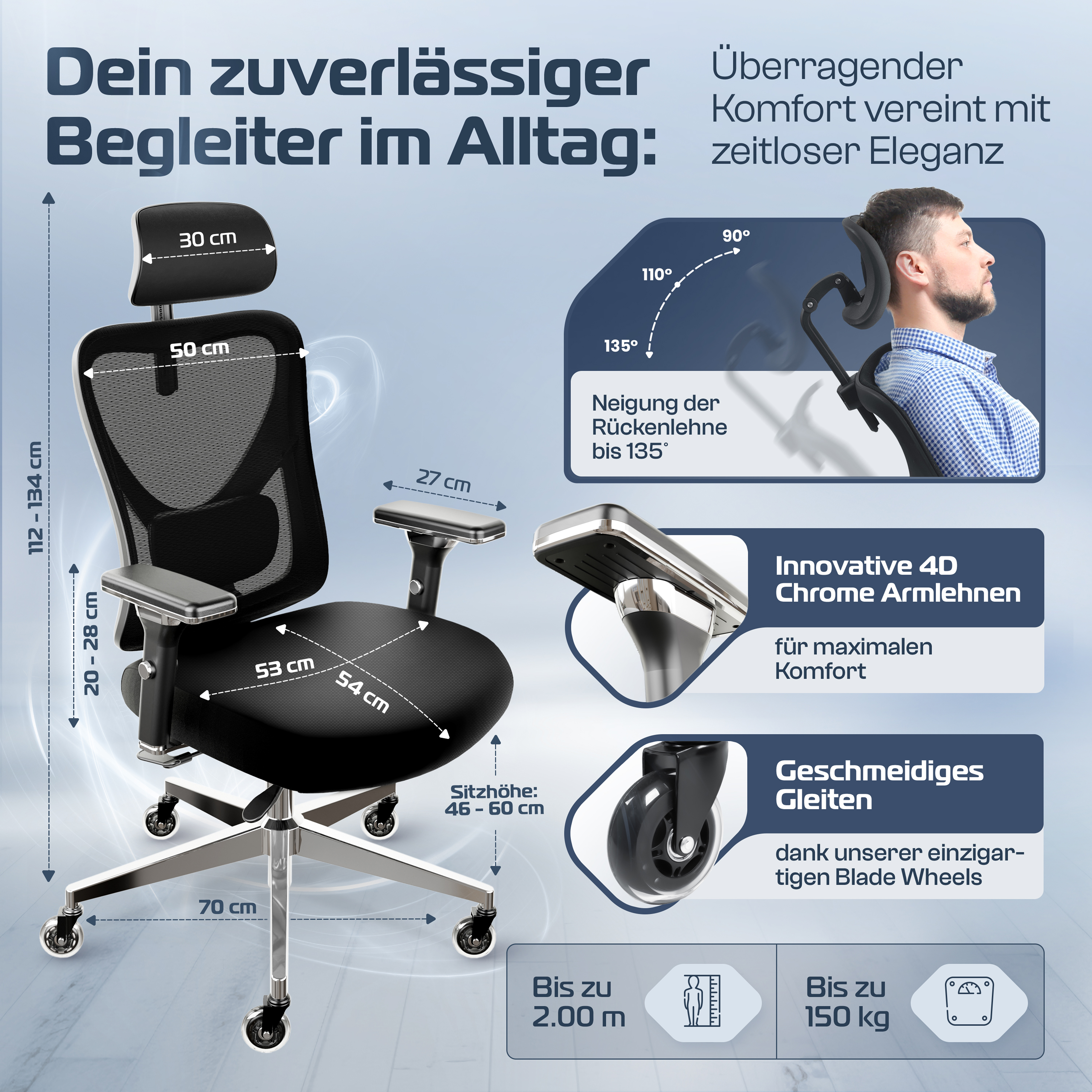 Schwarzer Bürostuhl mit Maßen, Person im Hintergrund und Text auf Deutsch.