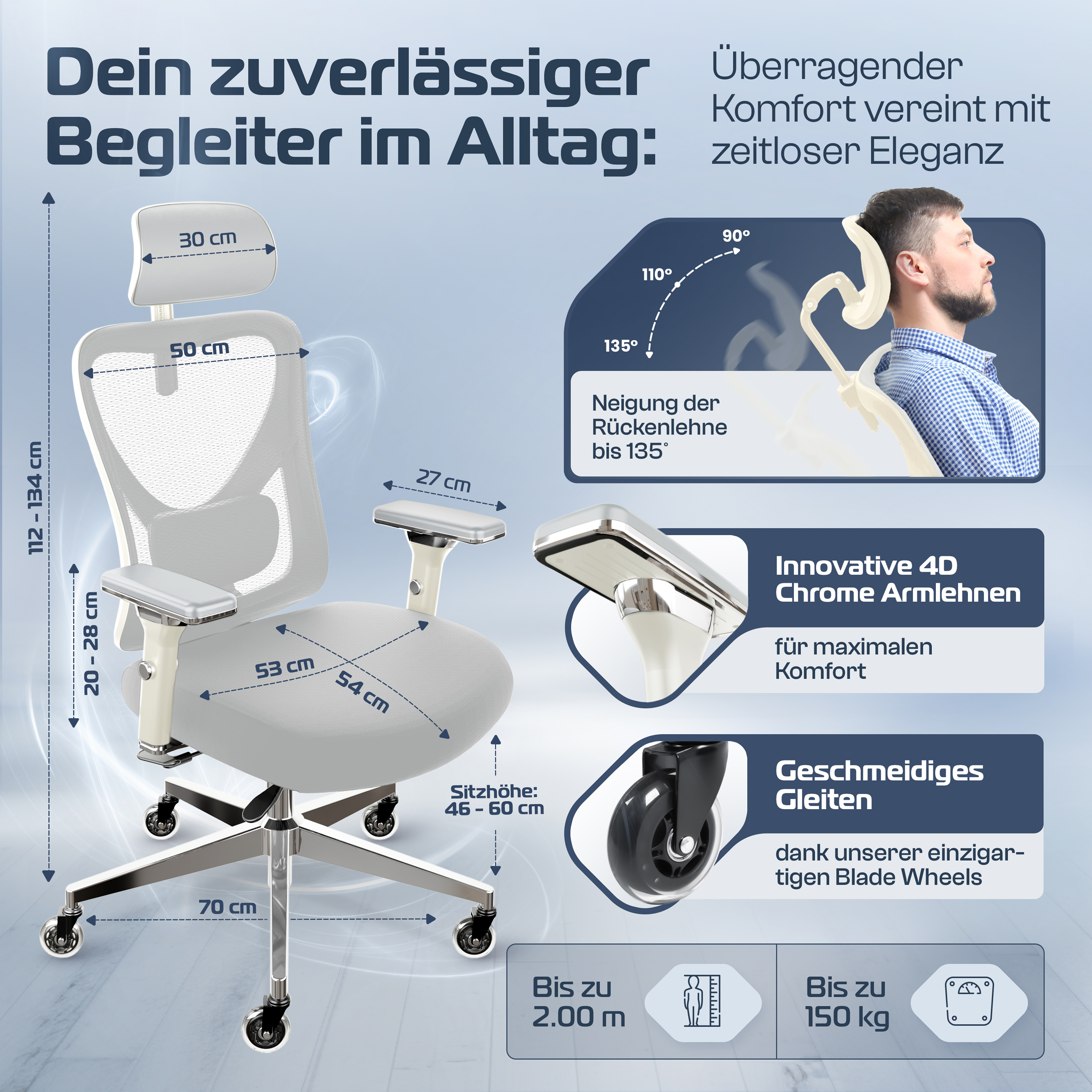 Ein Bürostuhl mit Maßen, Funktionen und einer Person, die ihn benutzt. Enthält Text auf Deutsch.