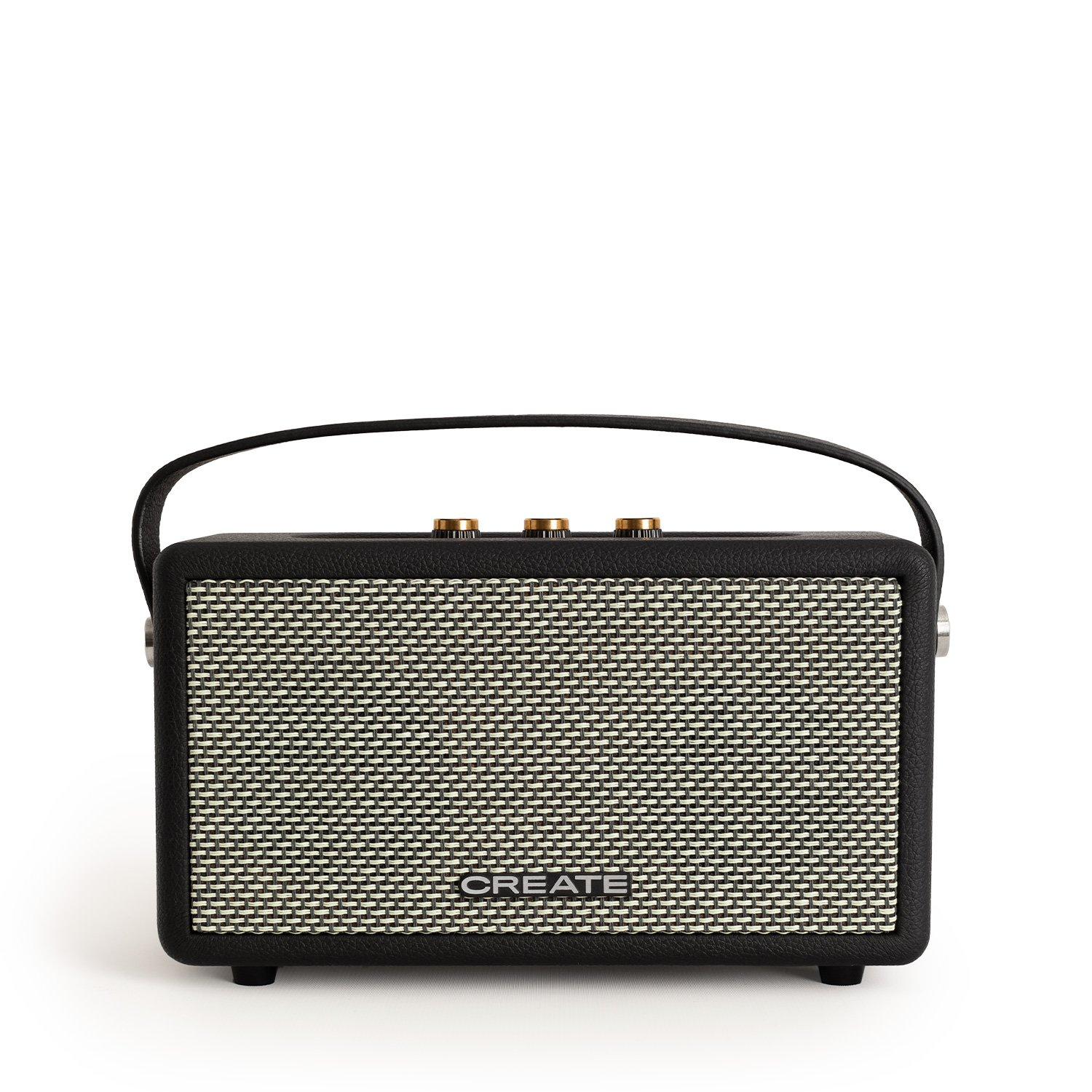 Un altavoz blanco y negro con asa, perillas doradas y la palabra "CREATE" al frente, sobre un fondo blanco.