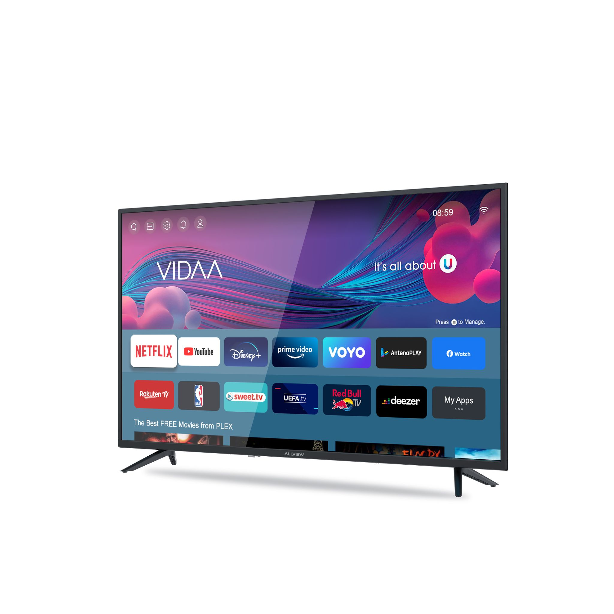Ein Flachbildfernseher zeigt Streaming-Apps. Der Bildschirm zeigt das VIDAA-Logo, Netflix, YouTube und andere App-Symbole.