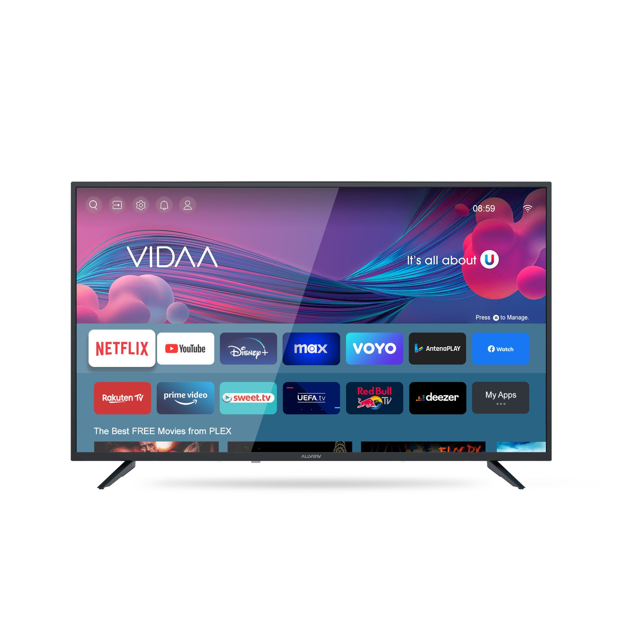 Ein Flachbildfernseher zeigt Streaming-Apps. Netflix, YouTube, Disney+, Max und andere sind sichtbar. Das VIDAA-Logo ist auf dem Bildschirm.