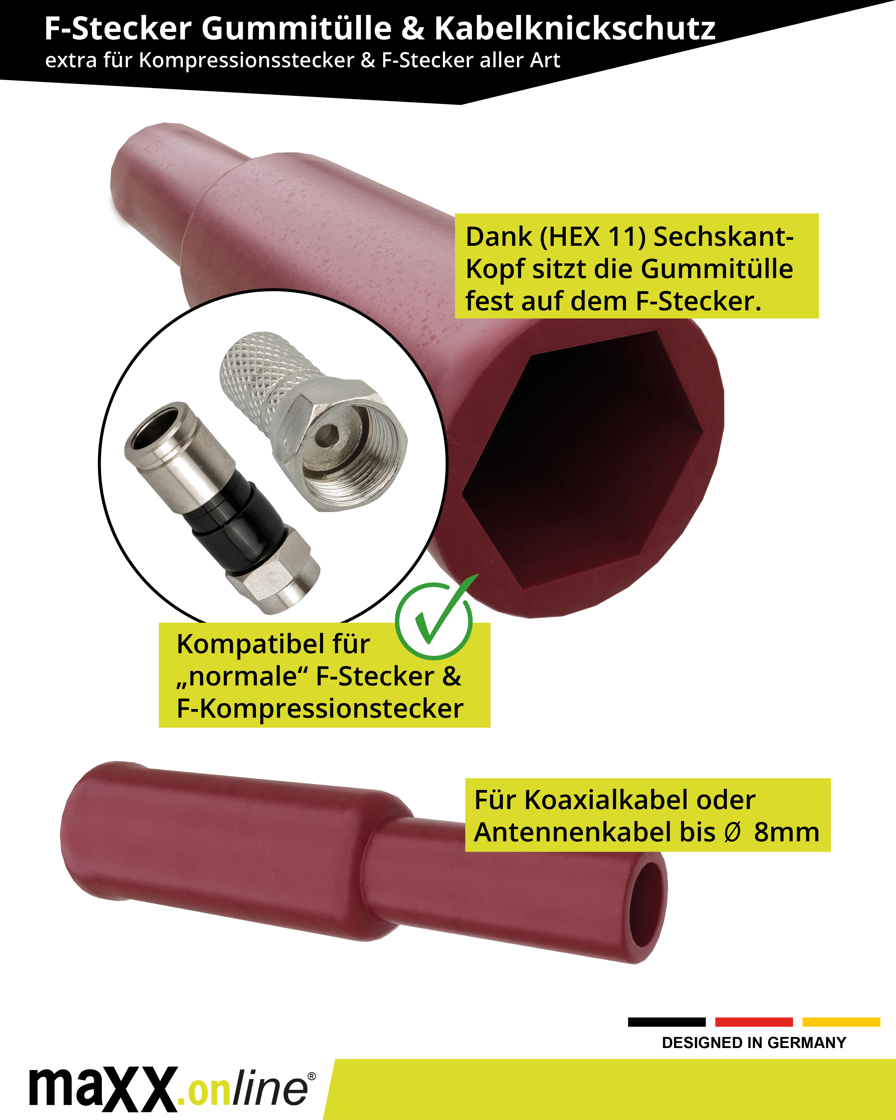 Das Bild zeigt einen F-Stecker und ein rotes Werkzeug für Koaxialkabel. Text erklärt die Verwendung und Kompatibilität.
